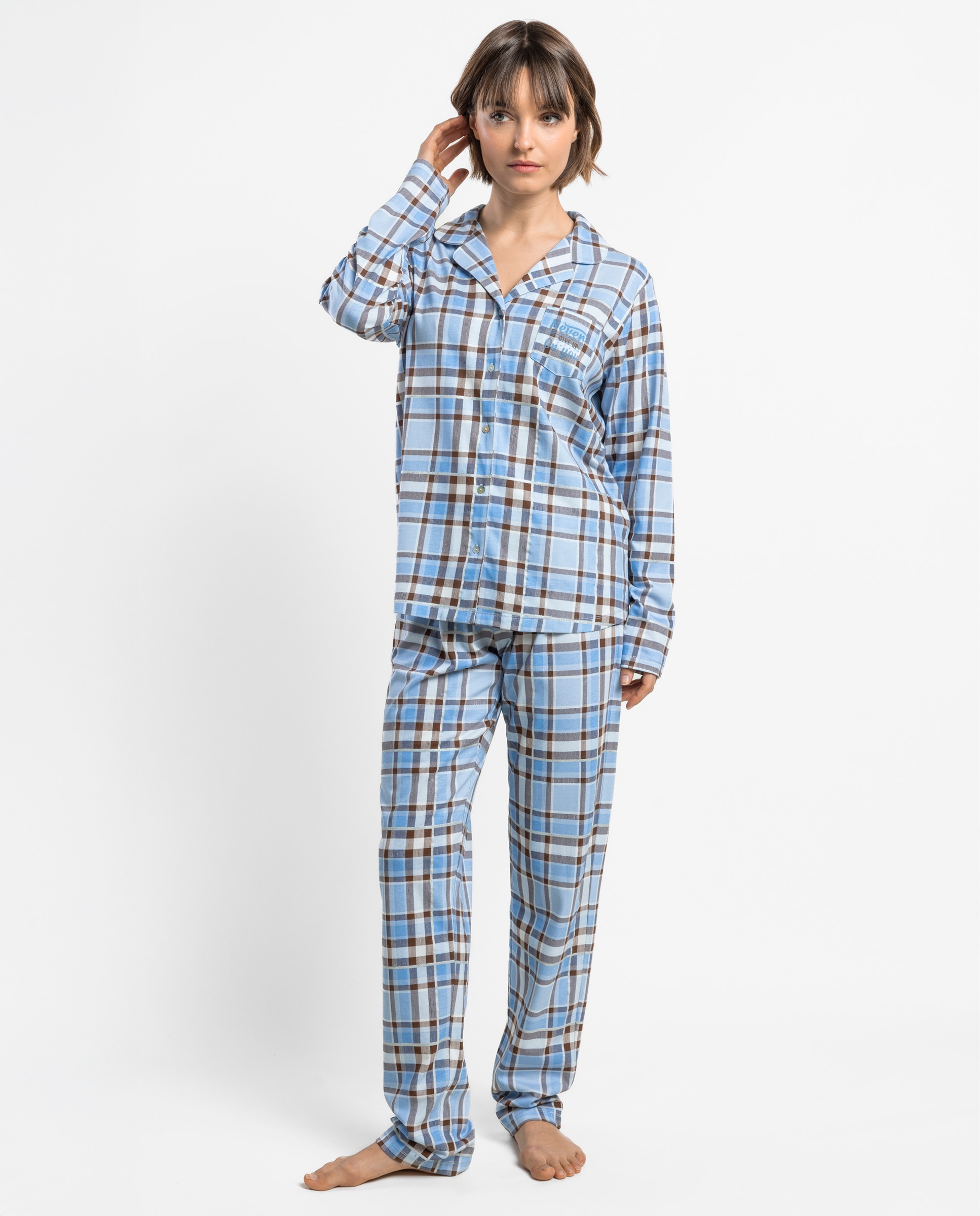 Pijama largo abierto de mujer de punto de algodón - Admas - Azul Azul-1