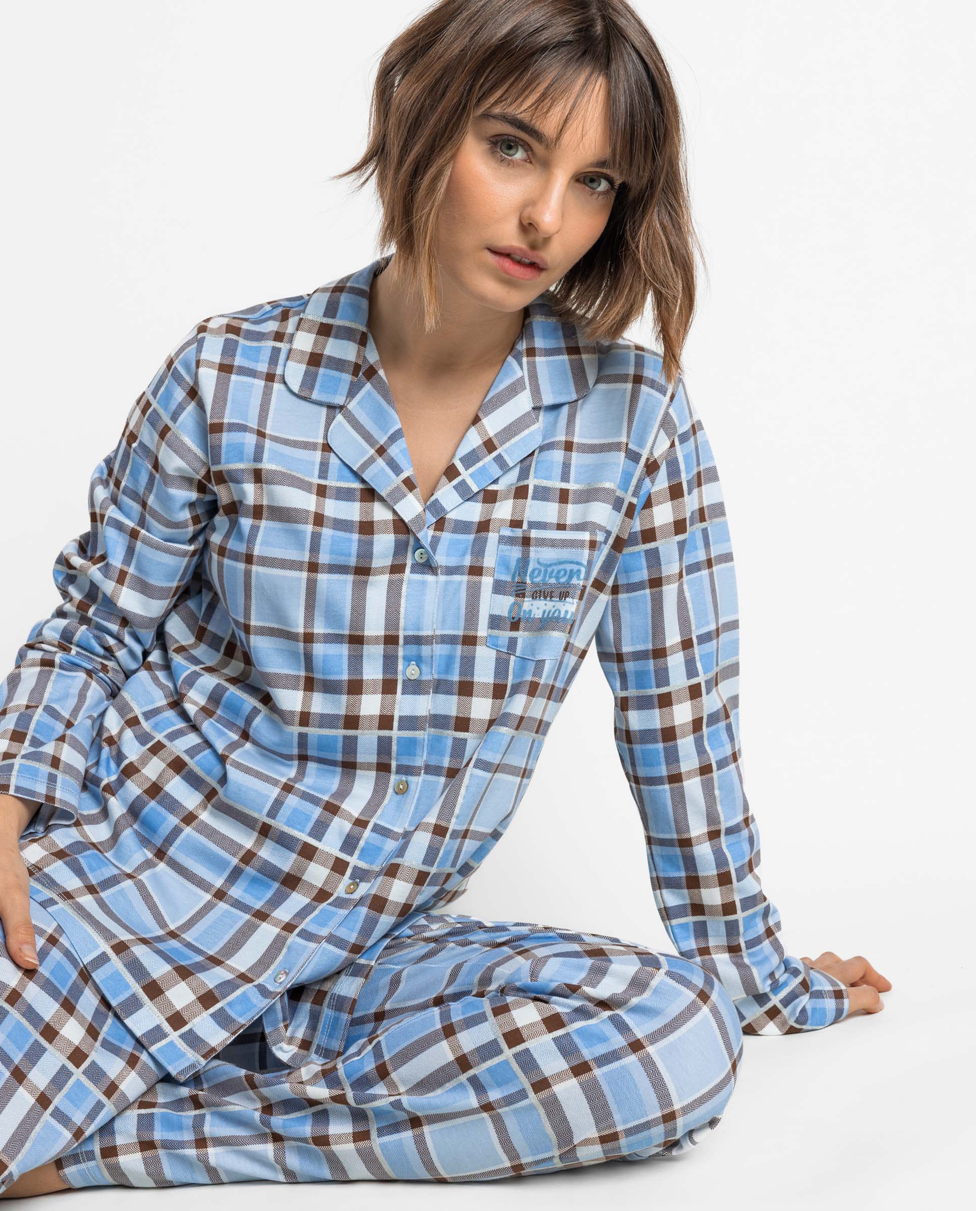 Pijama largo abierto de mujer de punto de algodón - Admas - Azul Azul-2