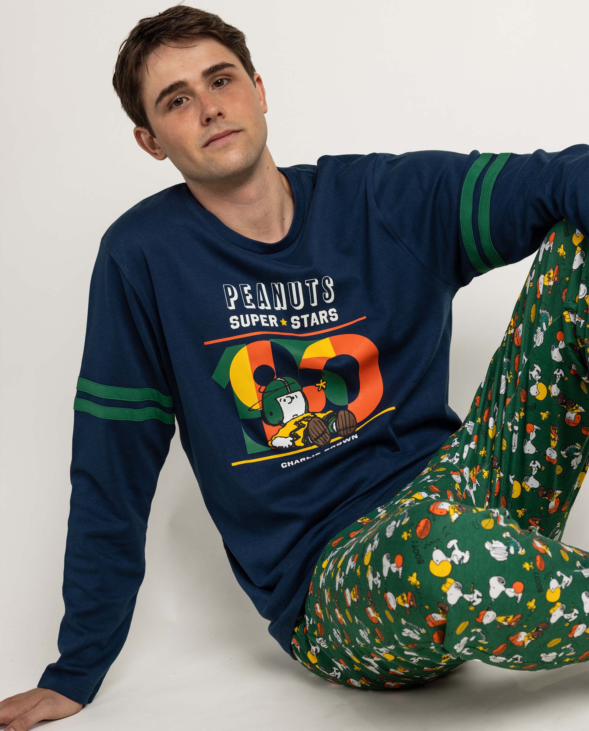 Pijama completo largo de hombre de punto de algodón - Peanuts - Azul marino Azul marino-3
