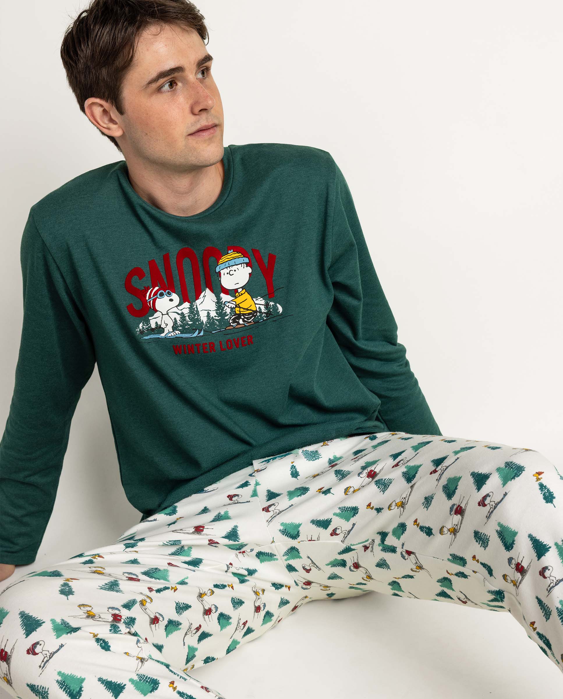 Pijama completo largo de hombre de punto de algodón - Peanuts - Verde Verde-3
