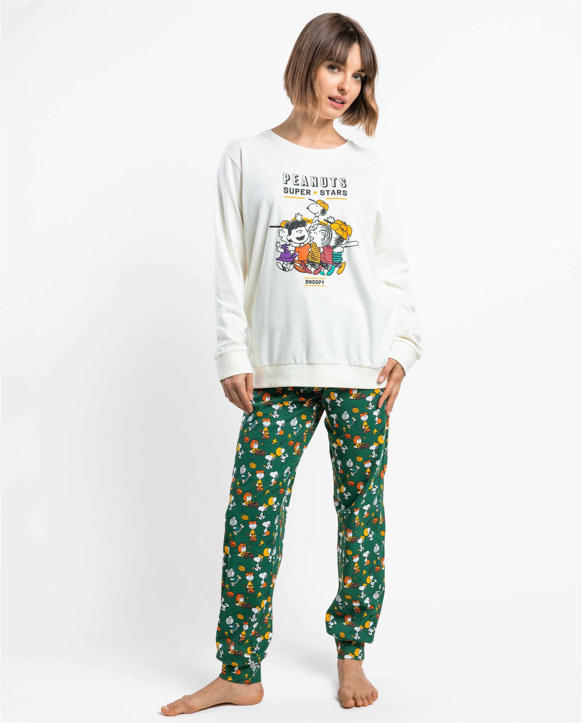 Pijama largo de mujer de punto interlock de algodón - Peanuts - Crudo Crudo-1