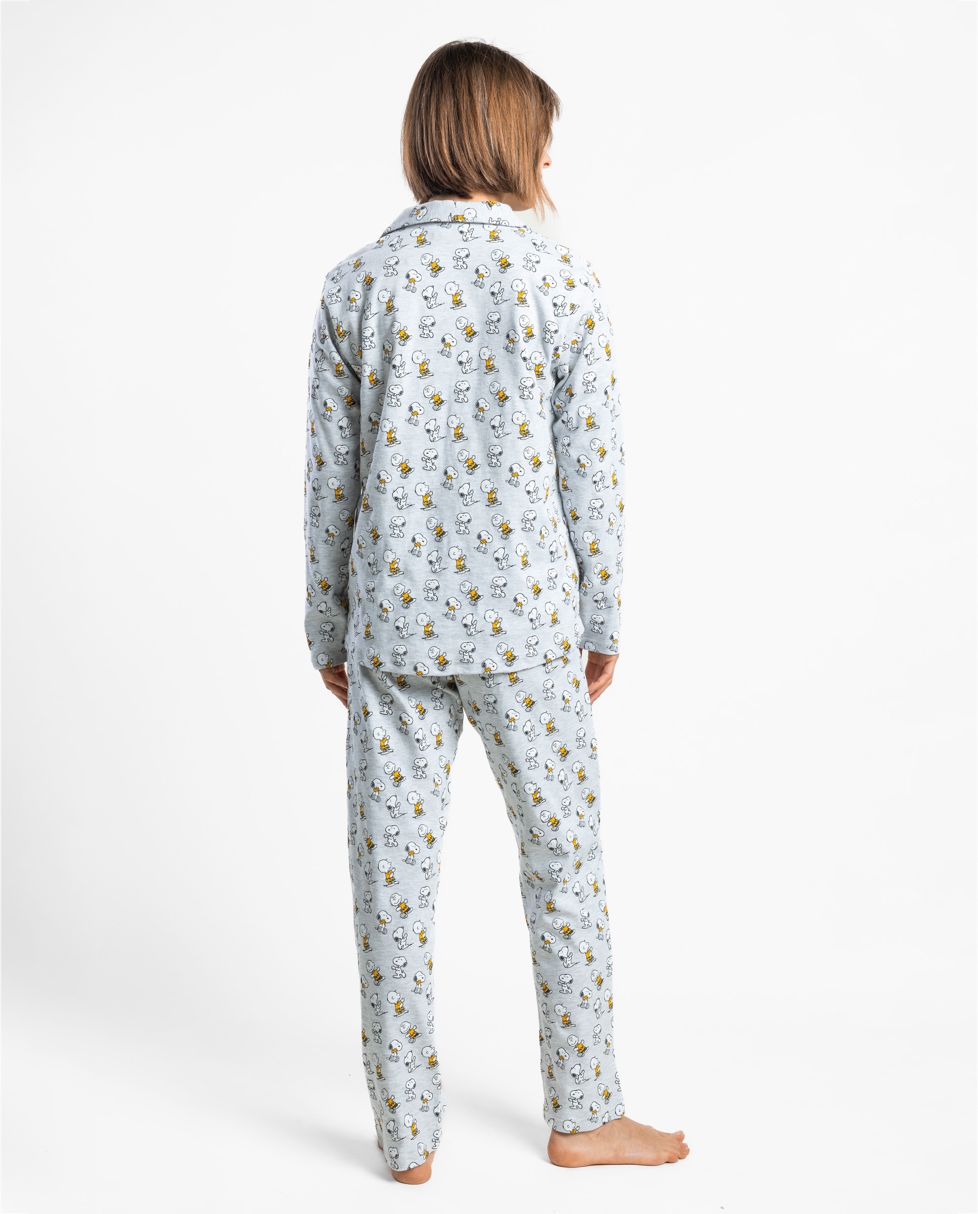 Pijama largo abierto de mujer de punto de algodón - Peanuts - Gris Gris-2