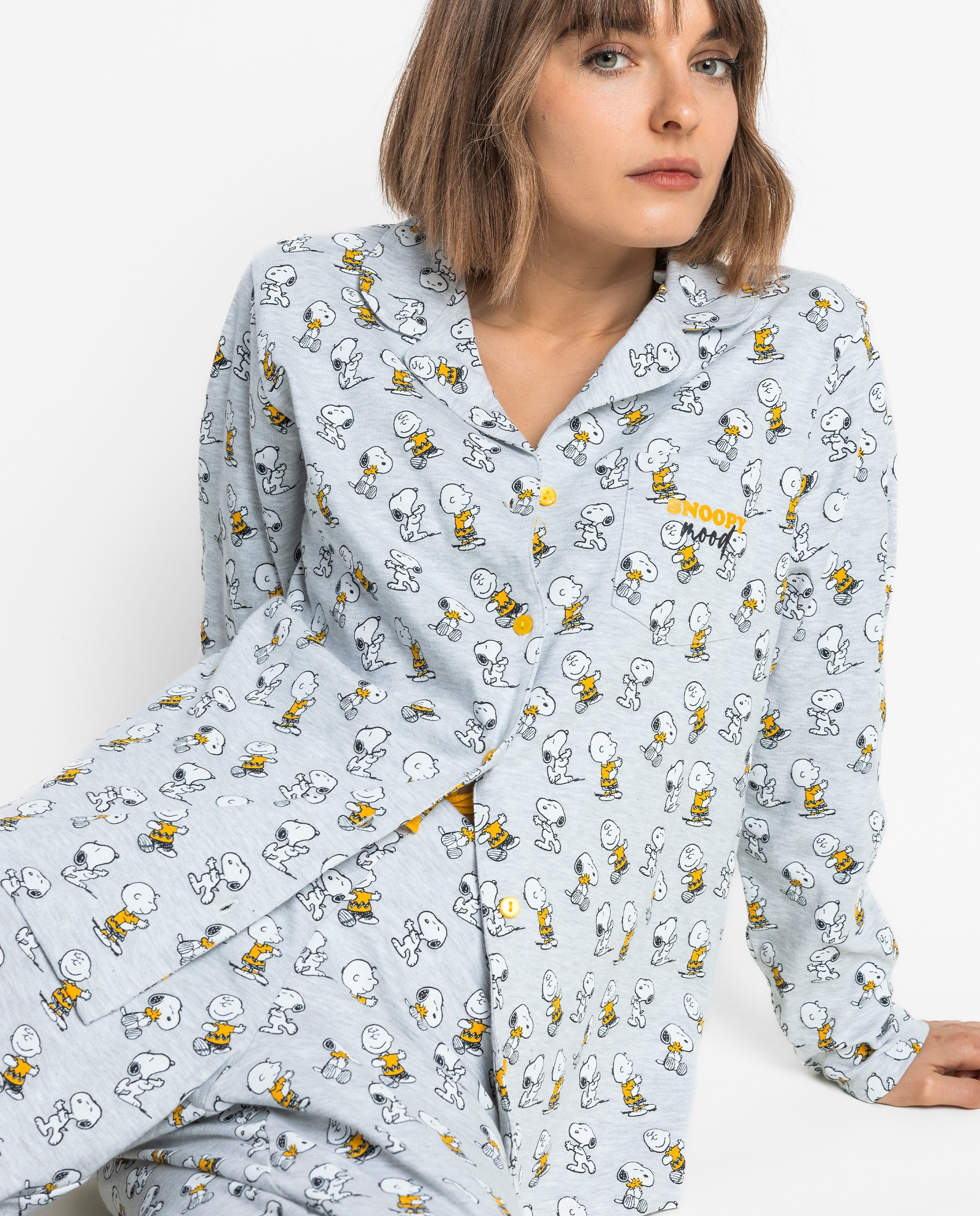 Pijama largo abierto de mujer de punto de algodón - Peanuts - Gris Gris-3