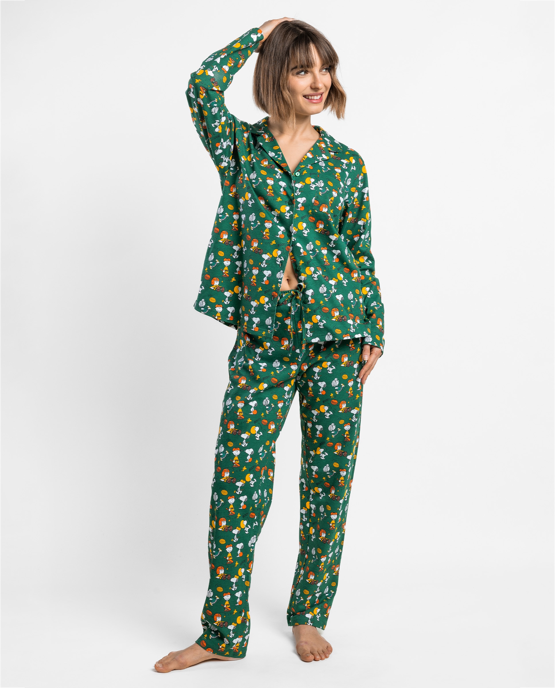 Imagen 0 de Pijama largo abierto de mujer de punto de algodón Verde