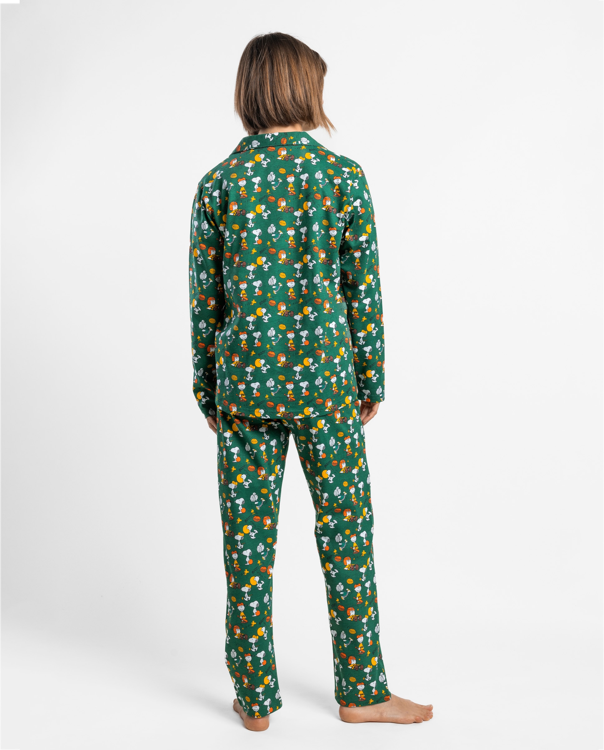 Pijama largo abierto de mujer de punto de algodón - Peanuts - Verde Verde-2