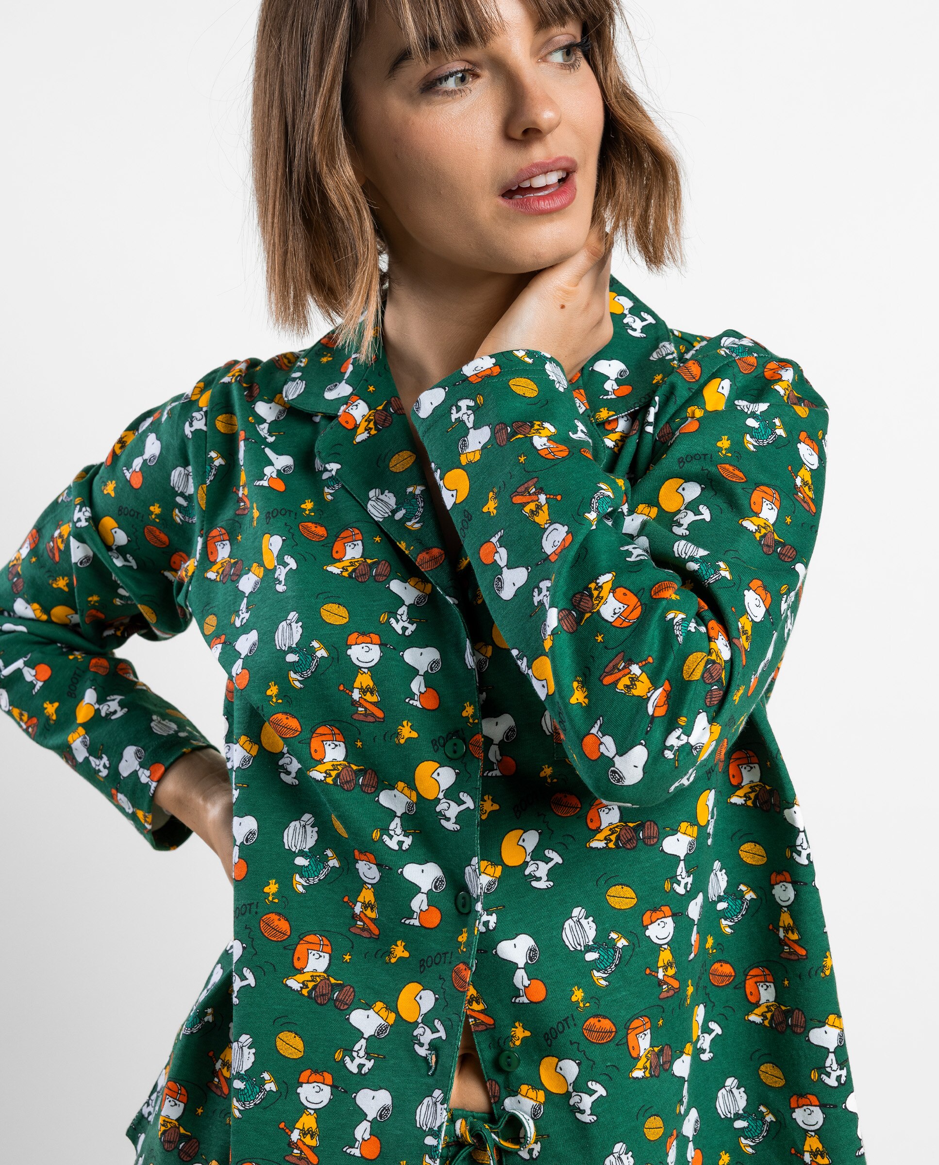 Pijama largo abierto de mujer de punto de algodón - Peanuts - Verde Verde-3
