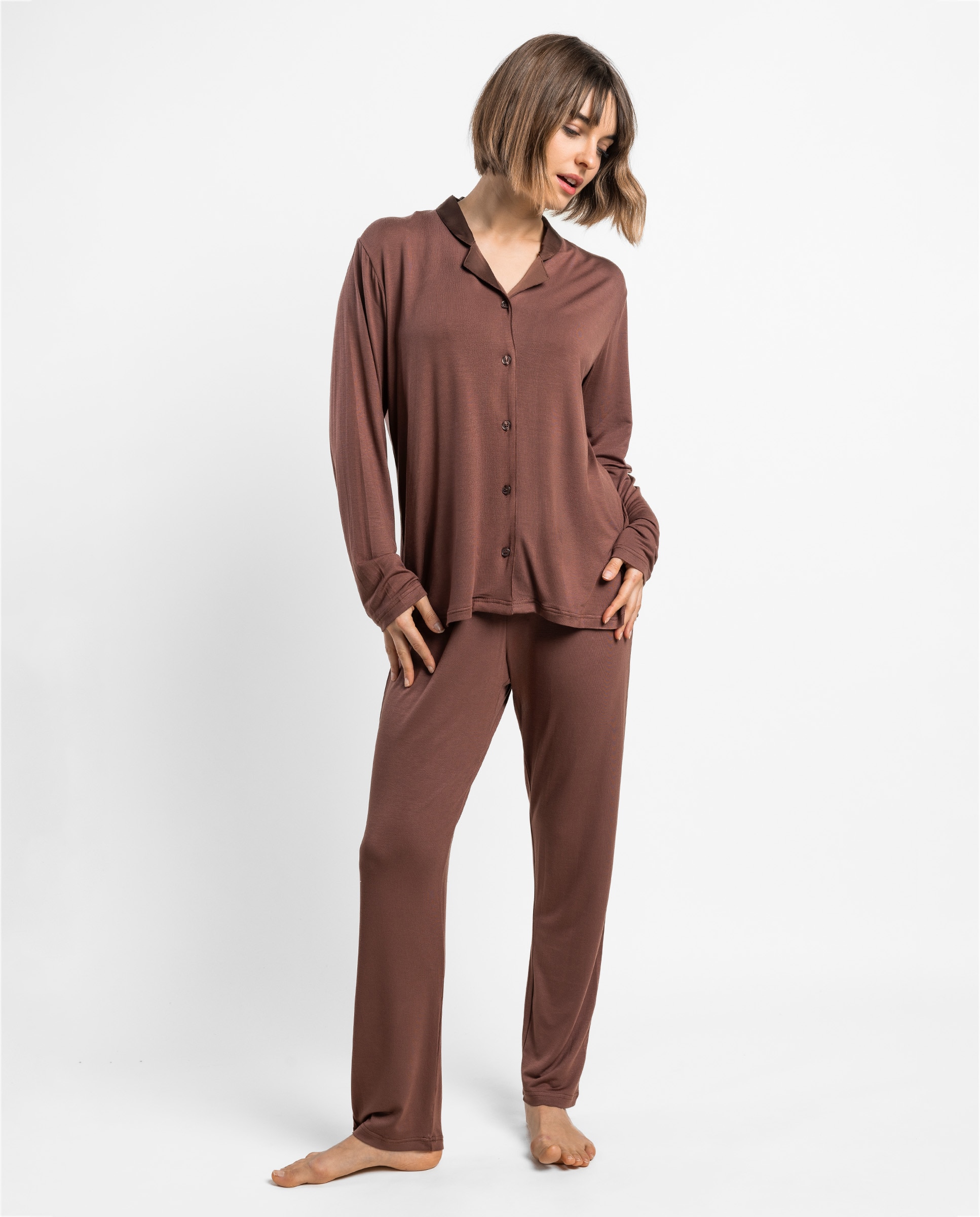 Pijama largo abierto de mujer de tela satén - Admas - Marrón Marrón-1