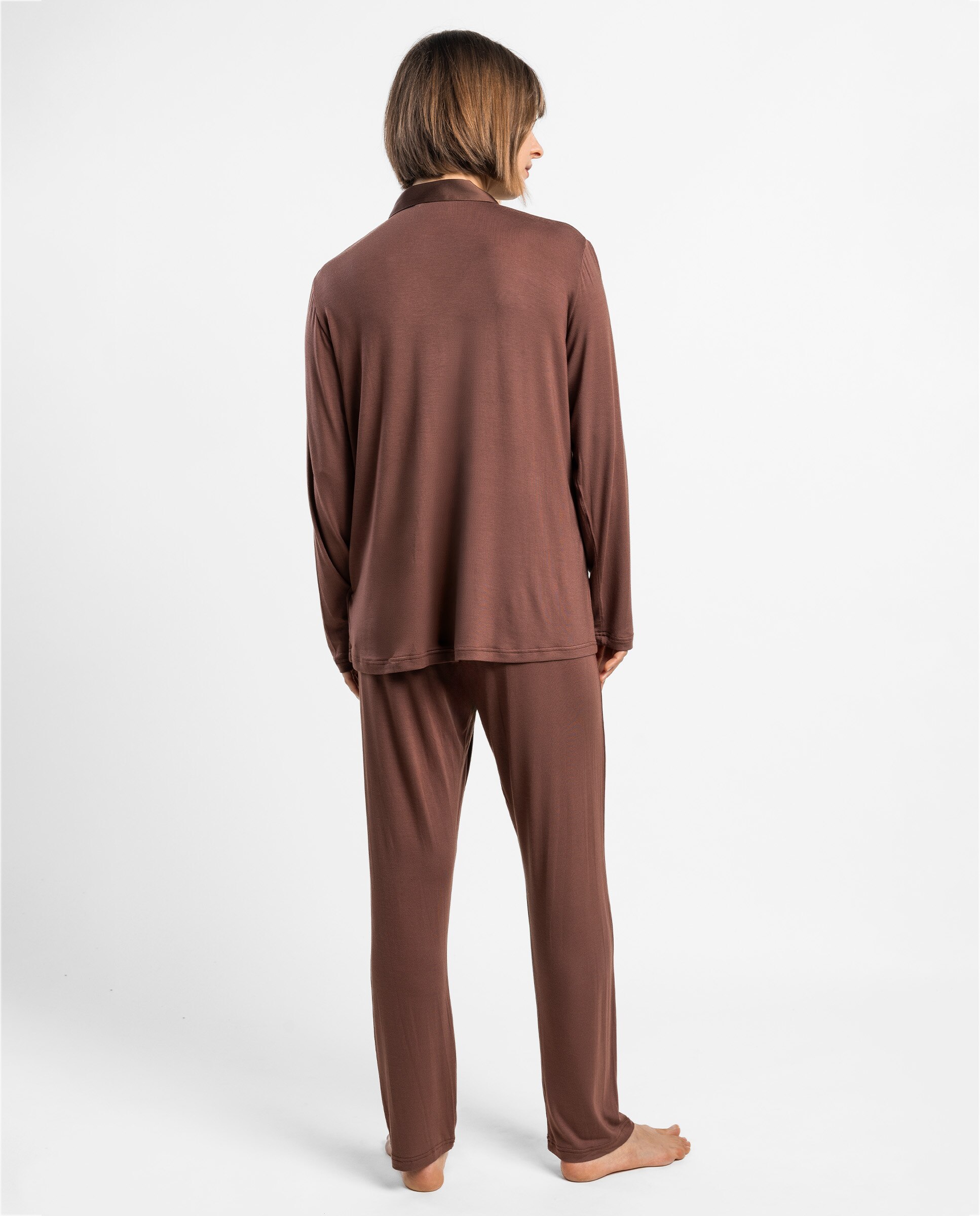Pijama largo abierto de mujer de tela satén - Admas - Marrón Marrón-2