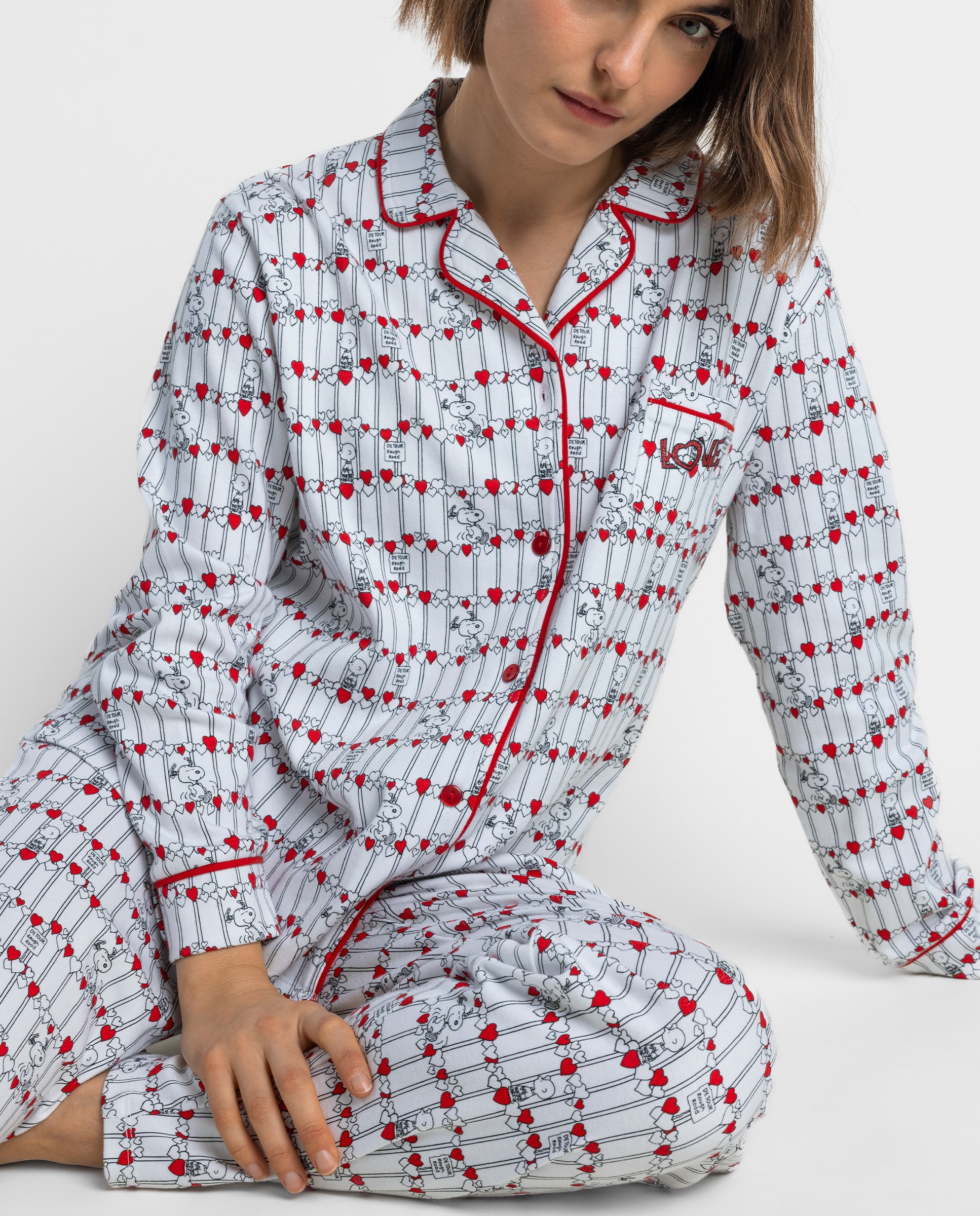 Pijama largo abierto de mujer de punto interlock de algodón - Peanuts - Rojo Rojo-3