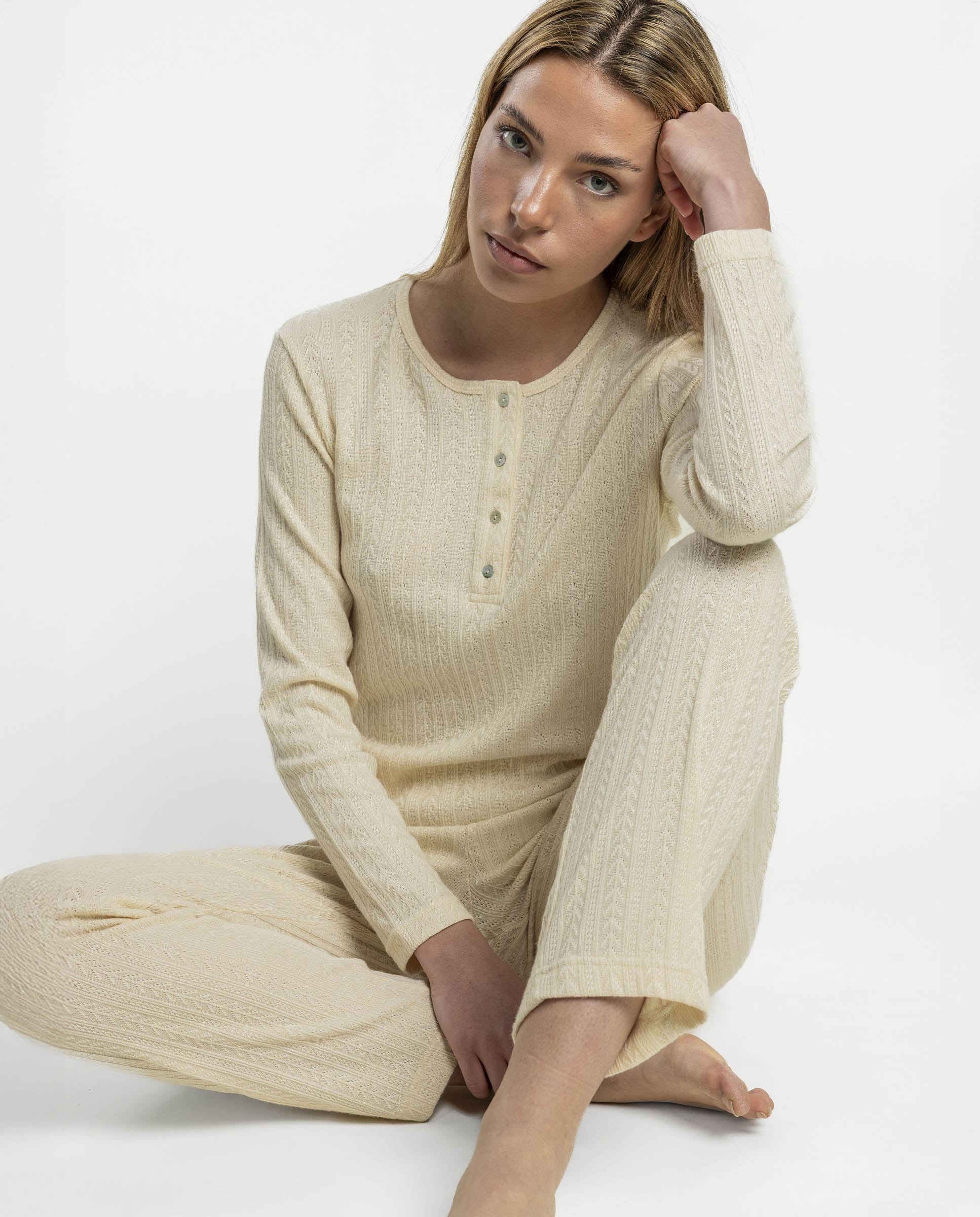Pijama largo de mujer de punto viscosa - Admas - Crudo Crudo-3
