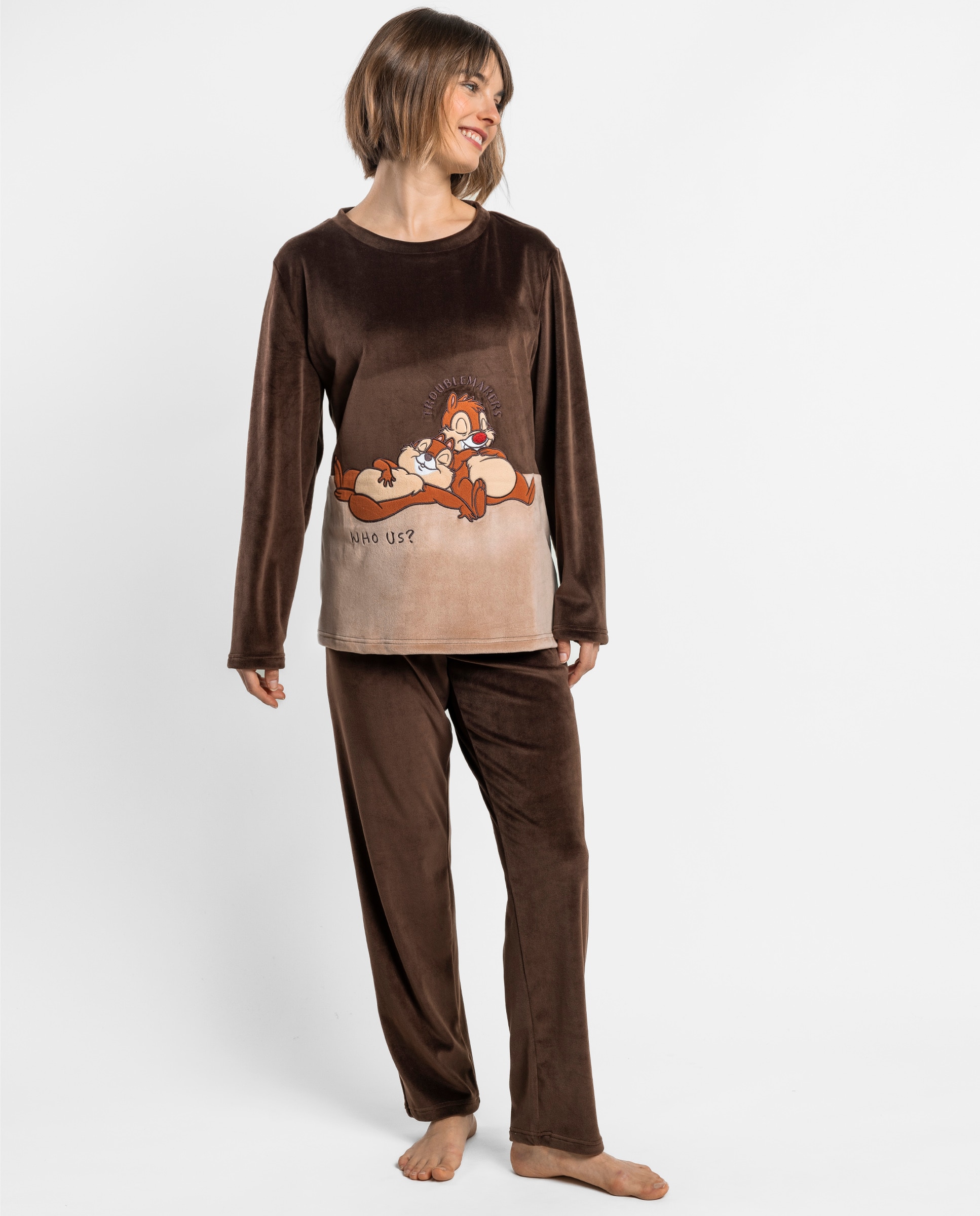 Pijama largo de mujer de tejido de terciopelo doble cara - Disney - Marrón Marrón-1