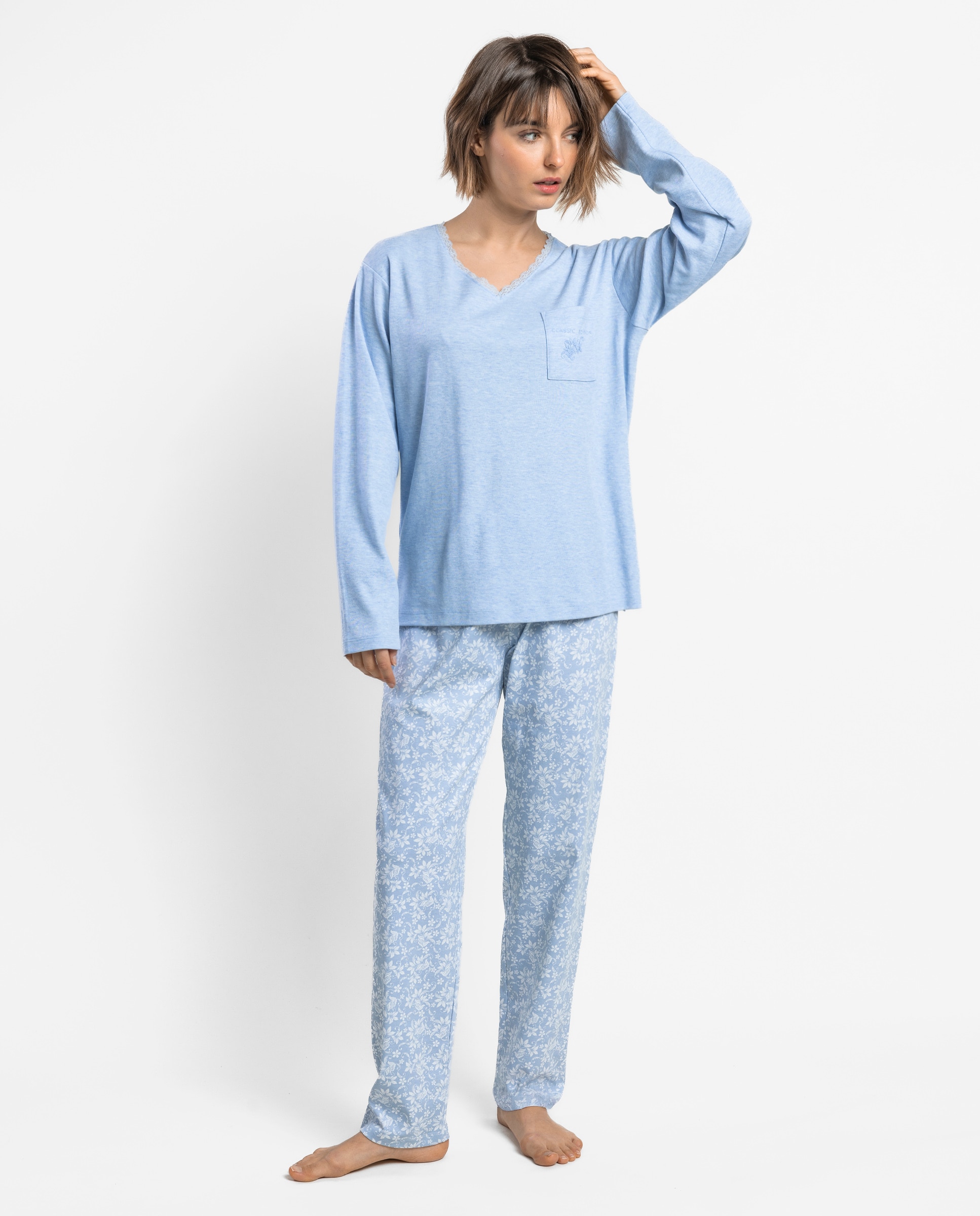 Pijama largo de mujer de punto de algodón - Admas - Azul Azul-1