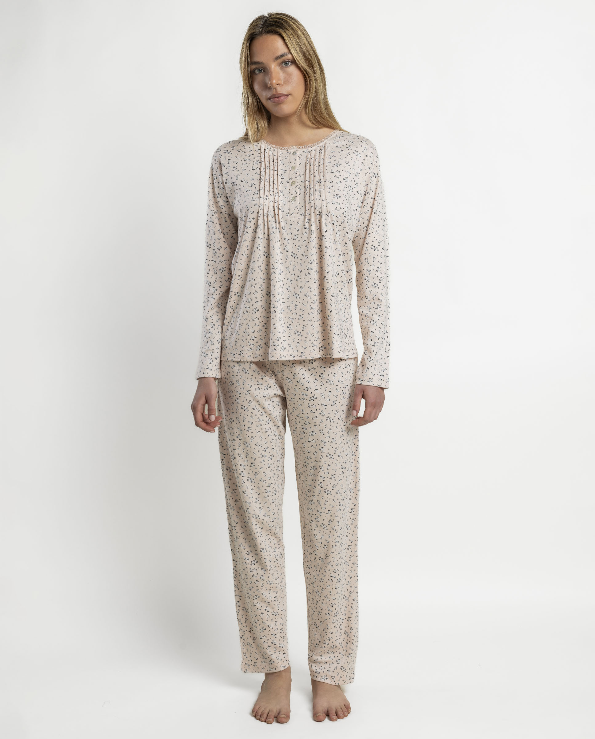 Pijama largo de mujer de punto de algodón - Admas - Rosa Rosa-1