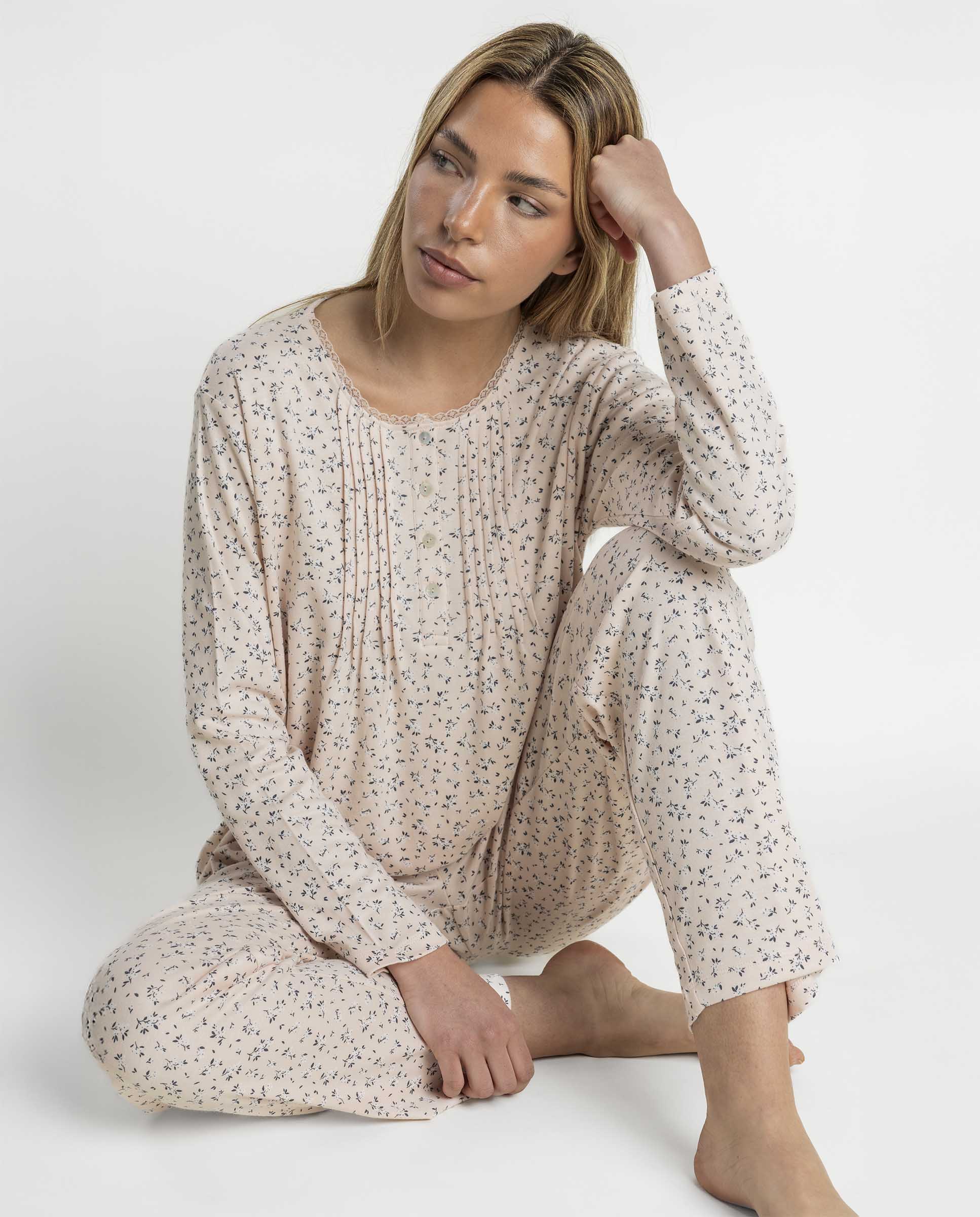 Pijama largo de mujer de punto de algodón - Admas - Rosa Rosa-3