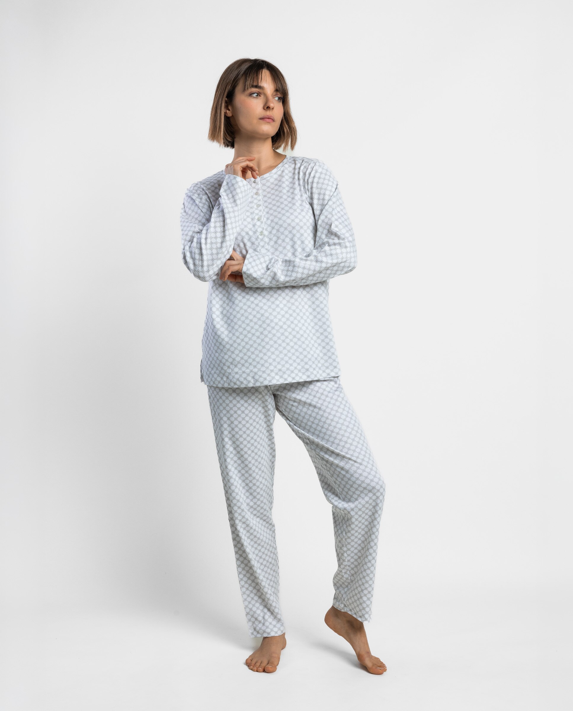 Pijama largo de mujer de punto de algodón - Admas - Gris claro Gris claro-1