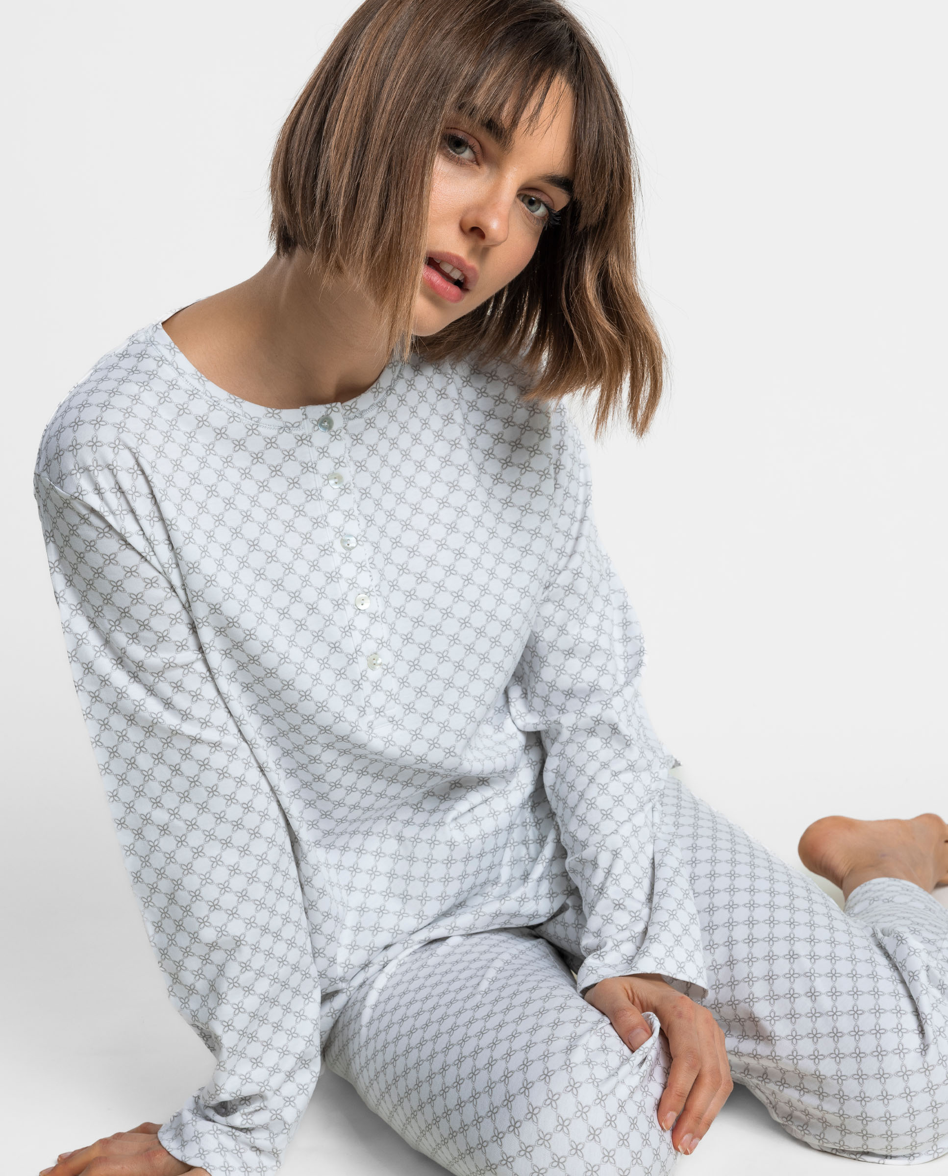 Pijama largo de mujer de punto de algodón - Admas - Gris claro Gris claro-3