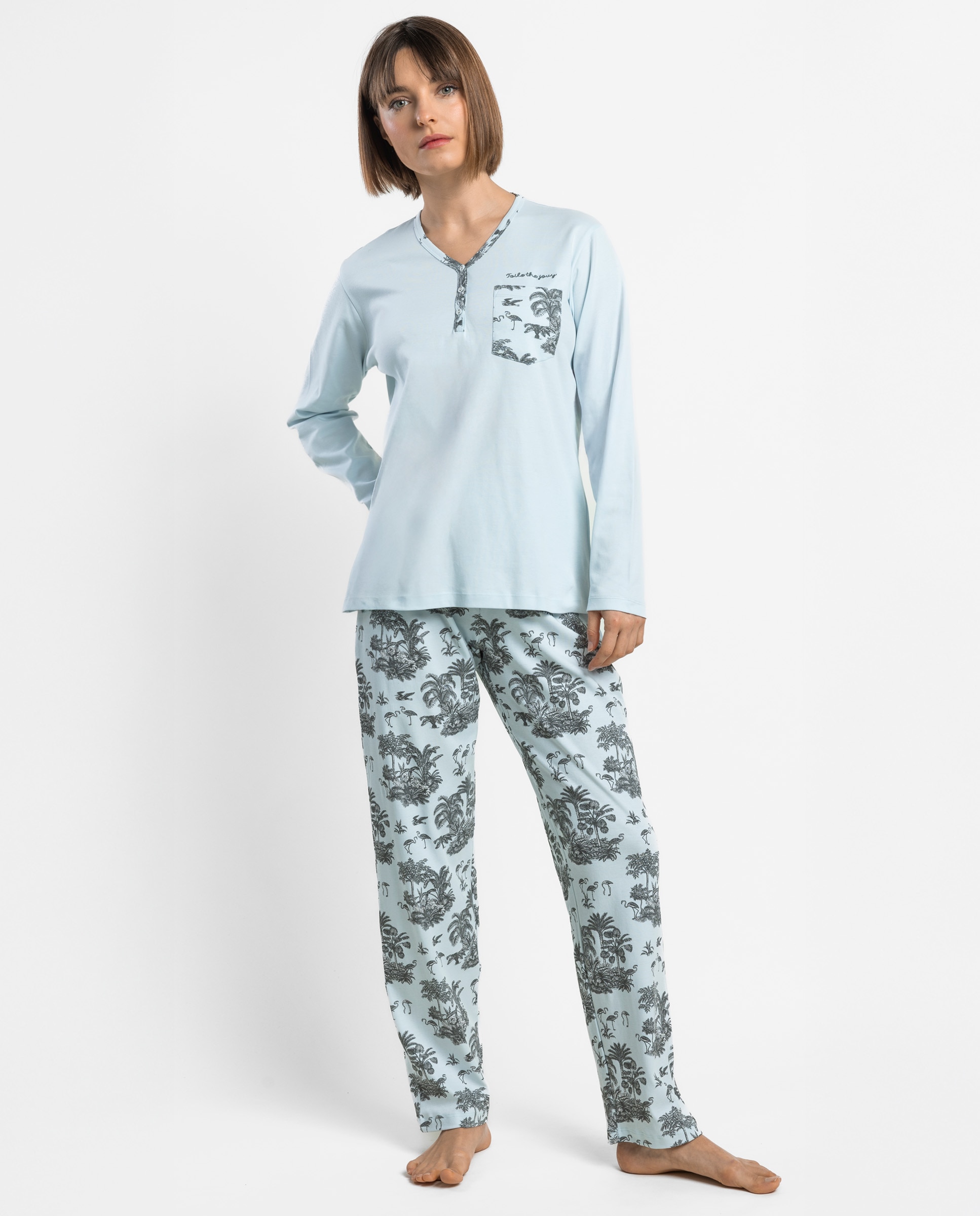 Pijama largo de mujer de punto de algodón - Admas - Azul Azul-1