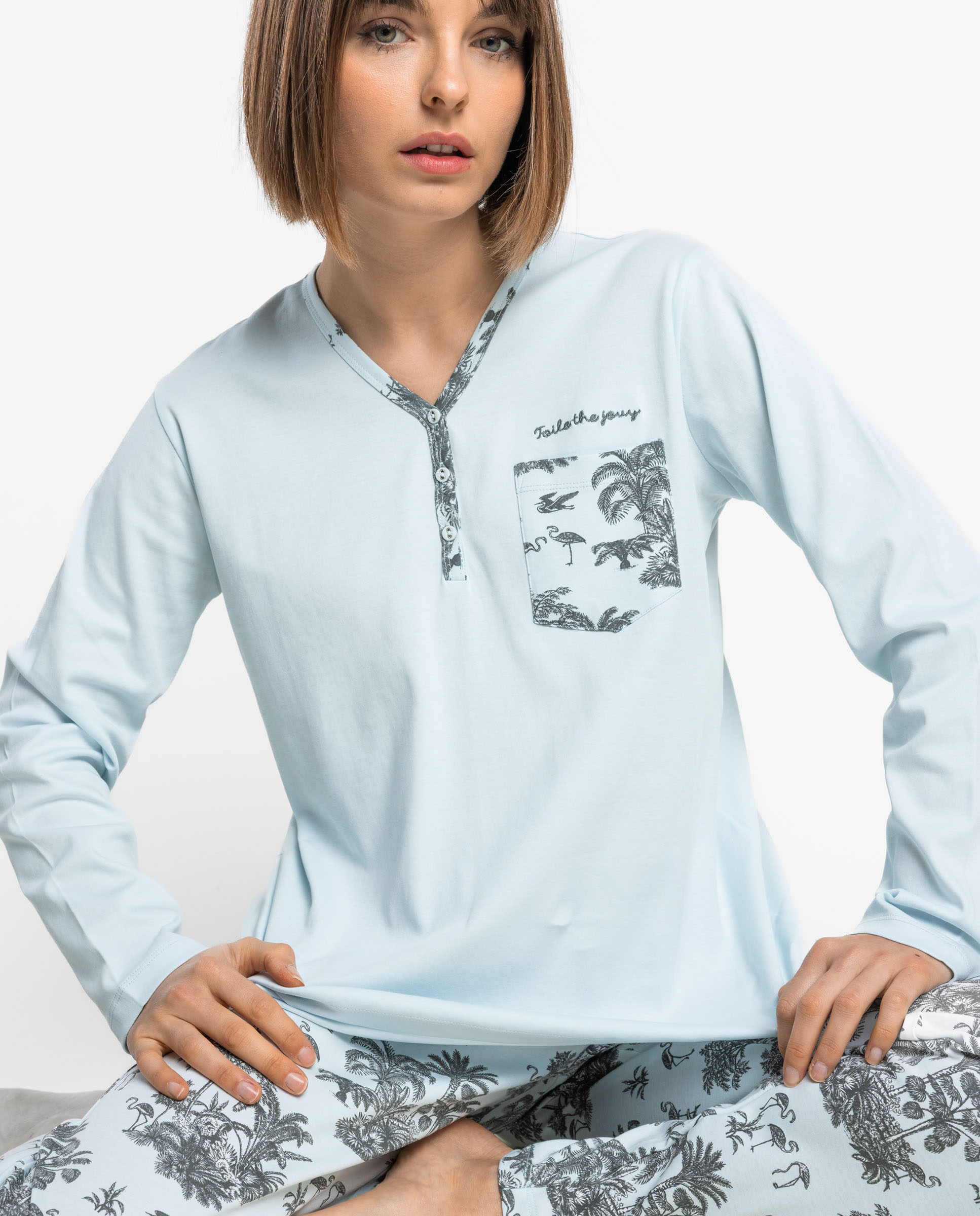 Pijama largo de mujer de punto de algodón - Admas - Azul Azul-3