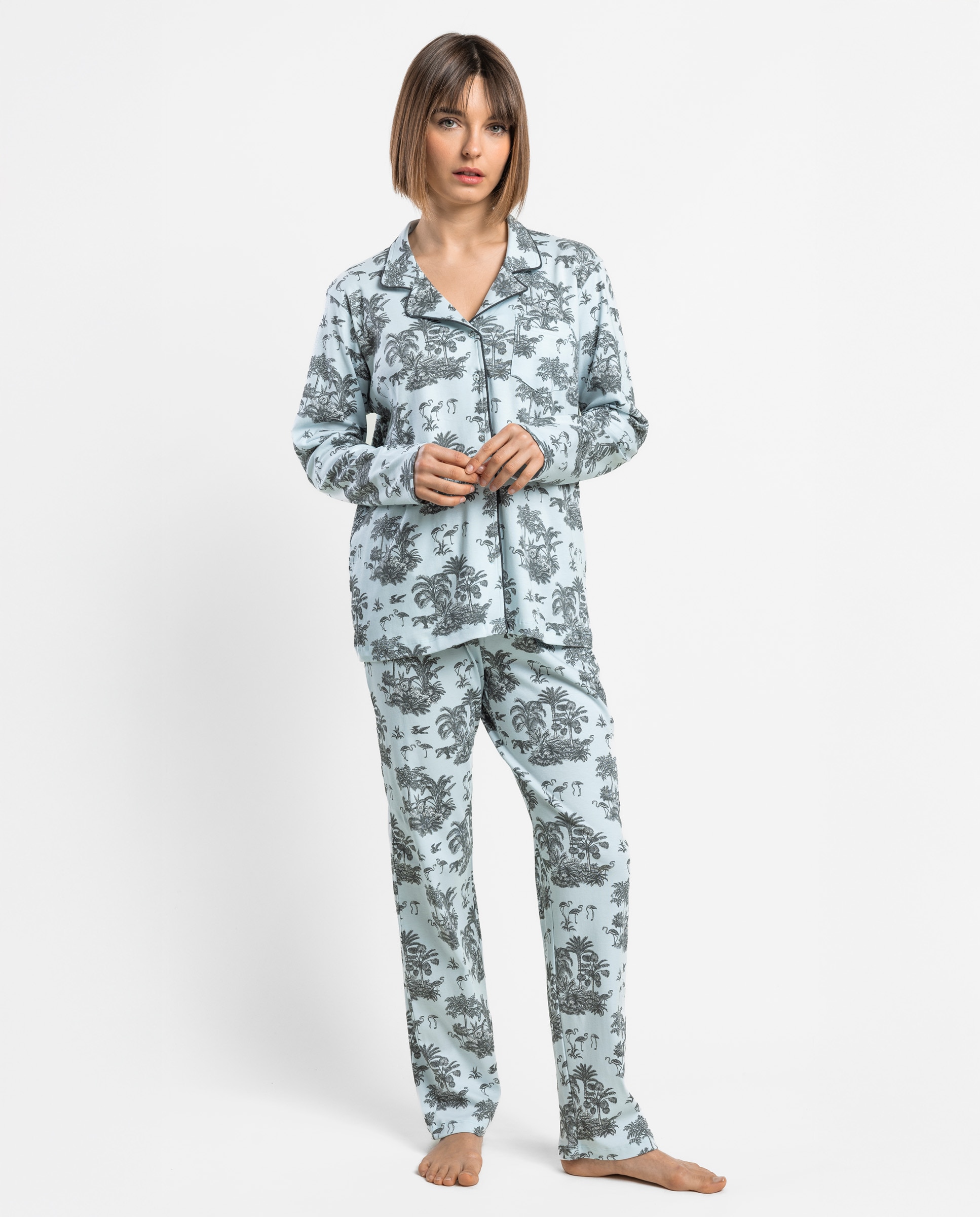 Pijama largo abierto de mujer de punto de algodón - Admas - Azul Azul-1