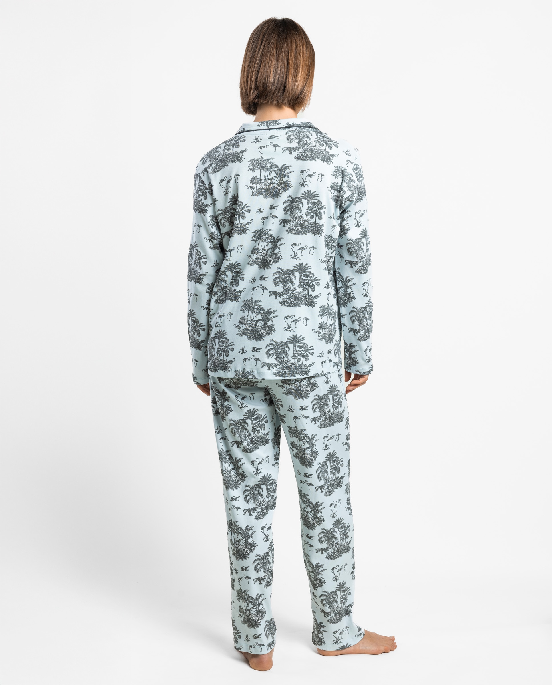 Pijama largo abierto de mujer de punto de algodón - Admas - Azul Azul-2