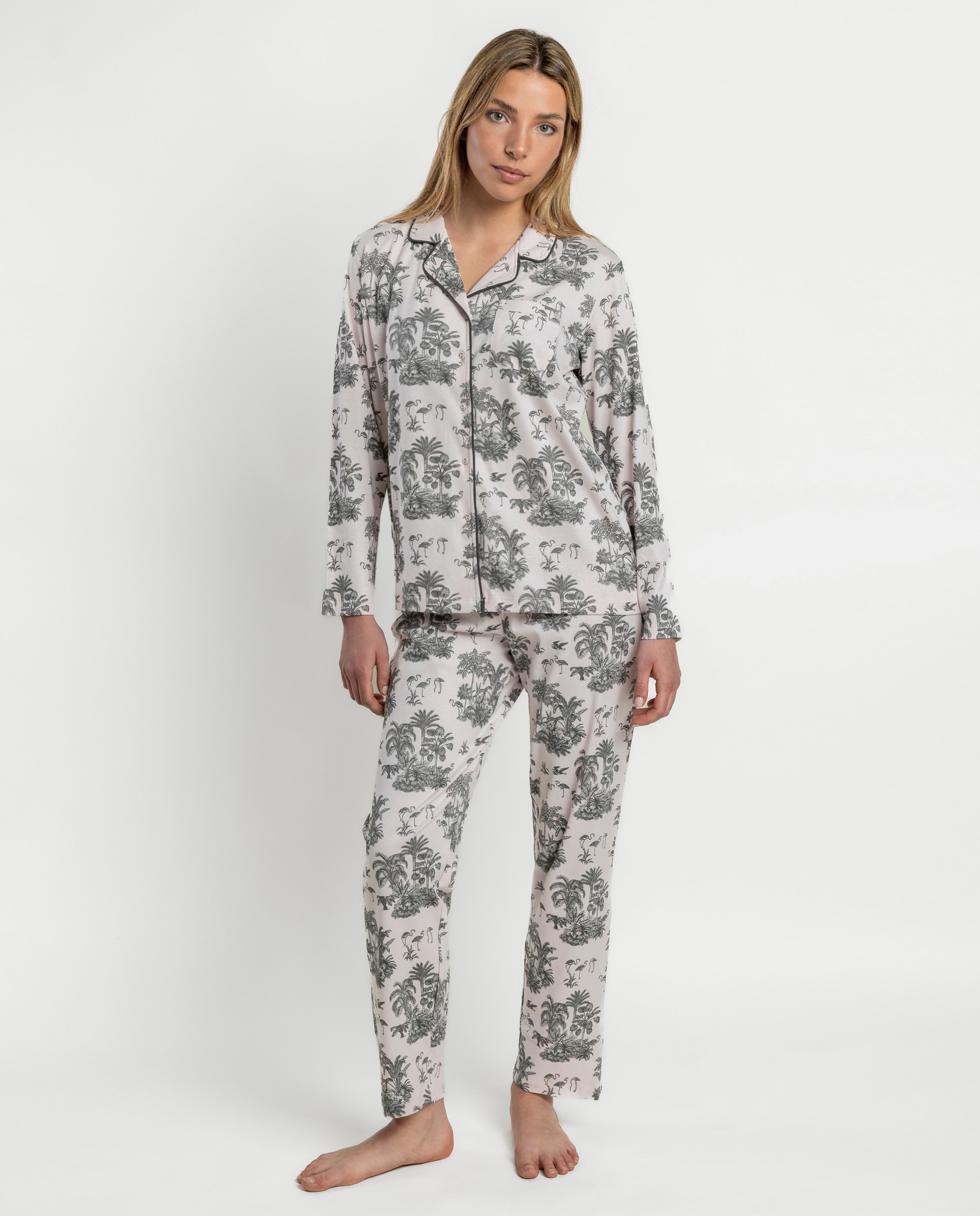 Pijama largo abierto de mujer de punto de algodón - Admas - Rosa Rosa-1