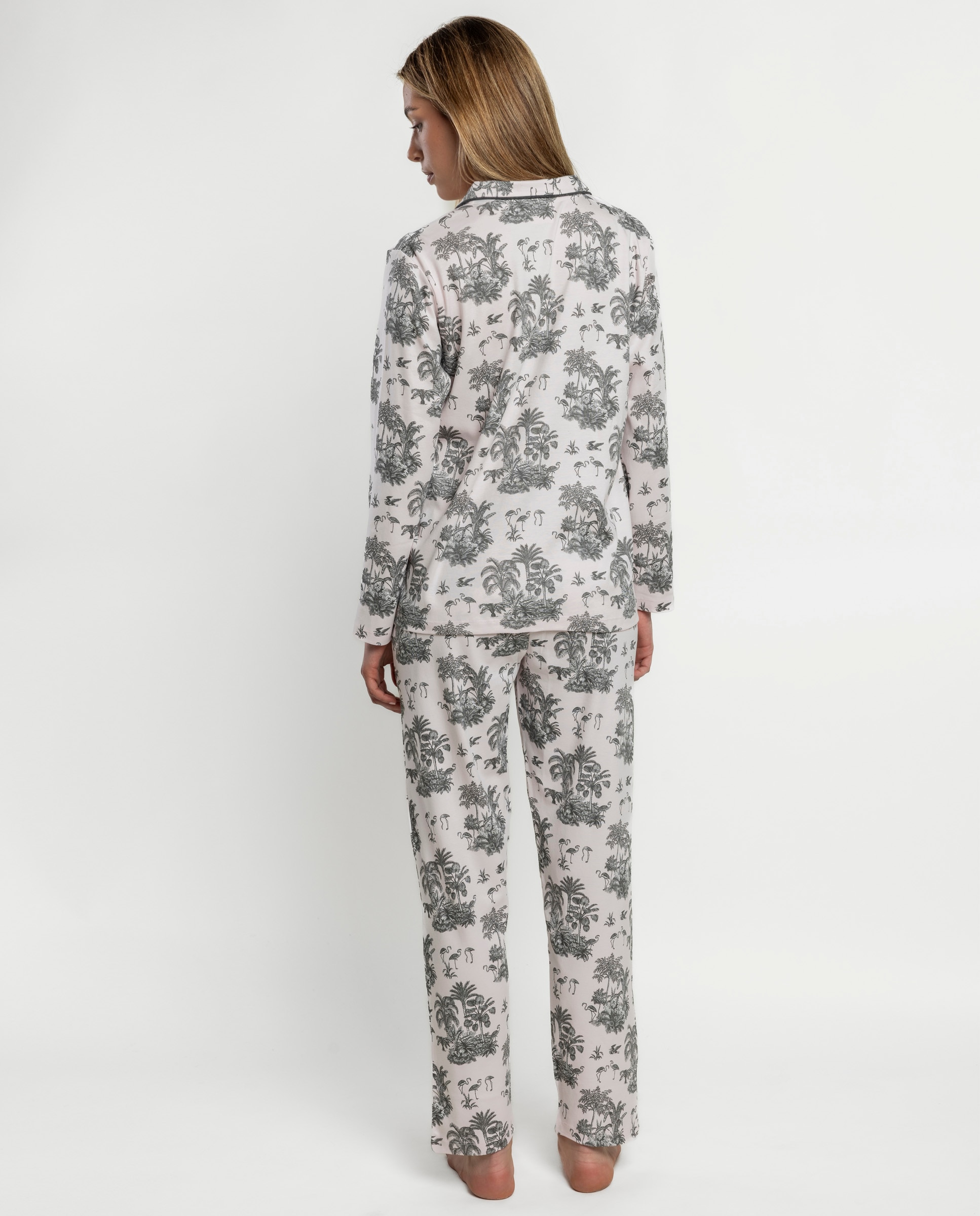 Pijama largo abierto de mujer de punto de algodón - Admas - Rosa Rosa-2