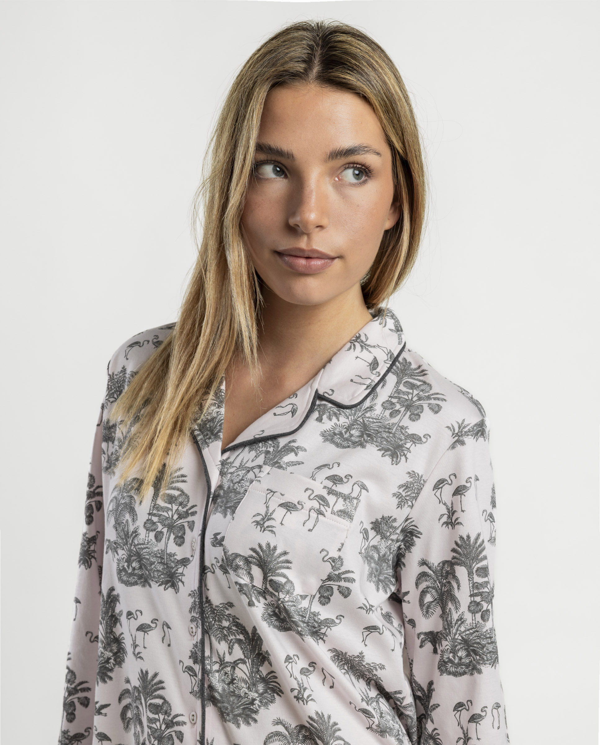 Pijama largo abierto de mujer de punto de algodón - Admas - Rosa Rosa-3