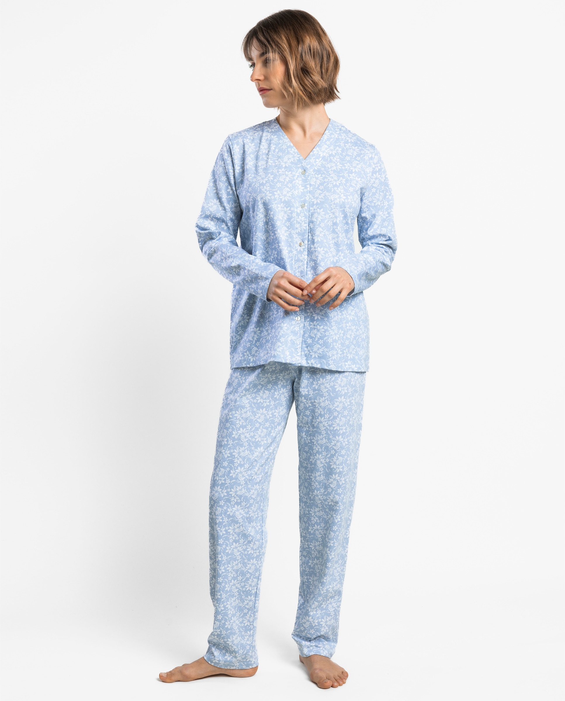 Pijama largo abierto de mujer de punto viscosa - Admas - Azul Azul-1