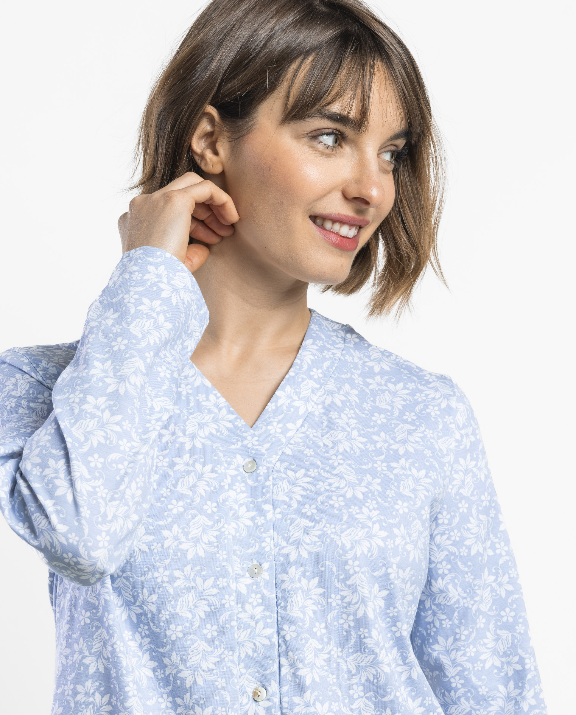 Pijama largo abierto de mujer de punto viscosa - Admas - Azul Azul-3