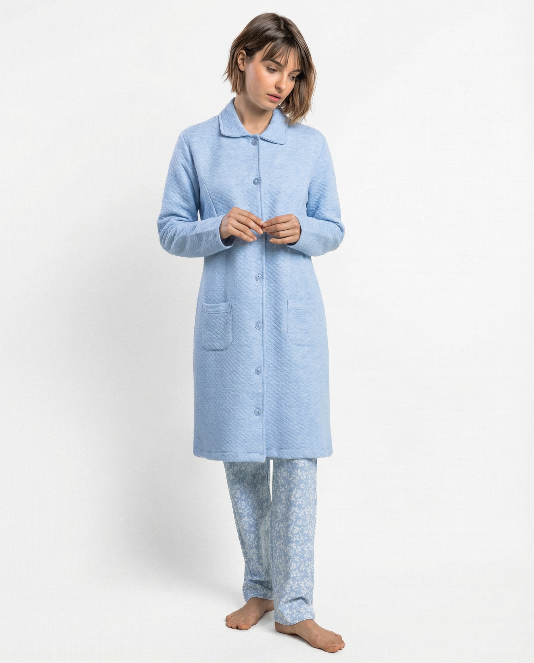 Bata de manga larga de mujer de punto interlock de algodón con botones - Admas - Azul Azul-1