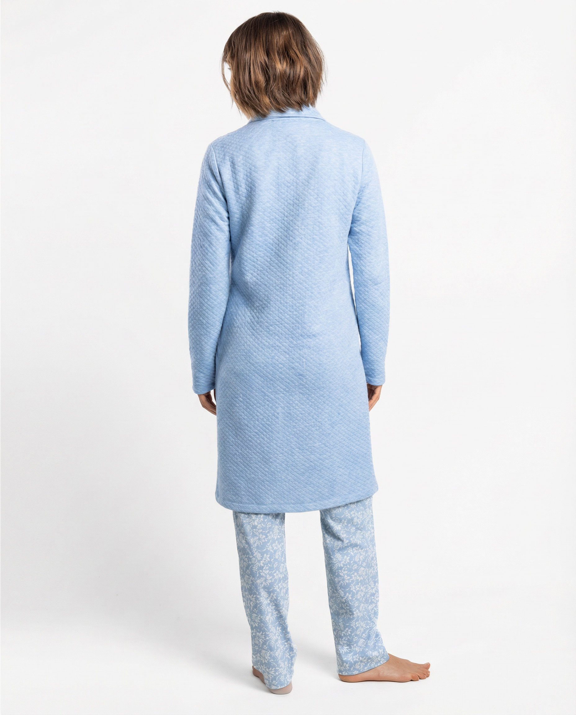 Bata de manga larga de mujer de punto interlock de algodón con botones - Admas - Azul Azul-2