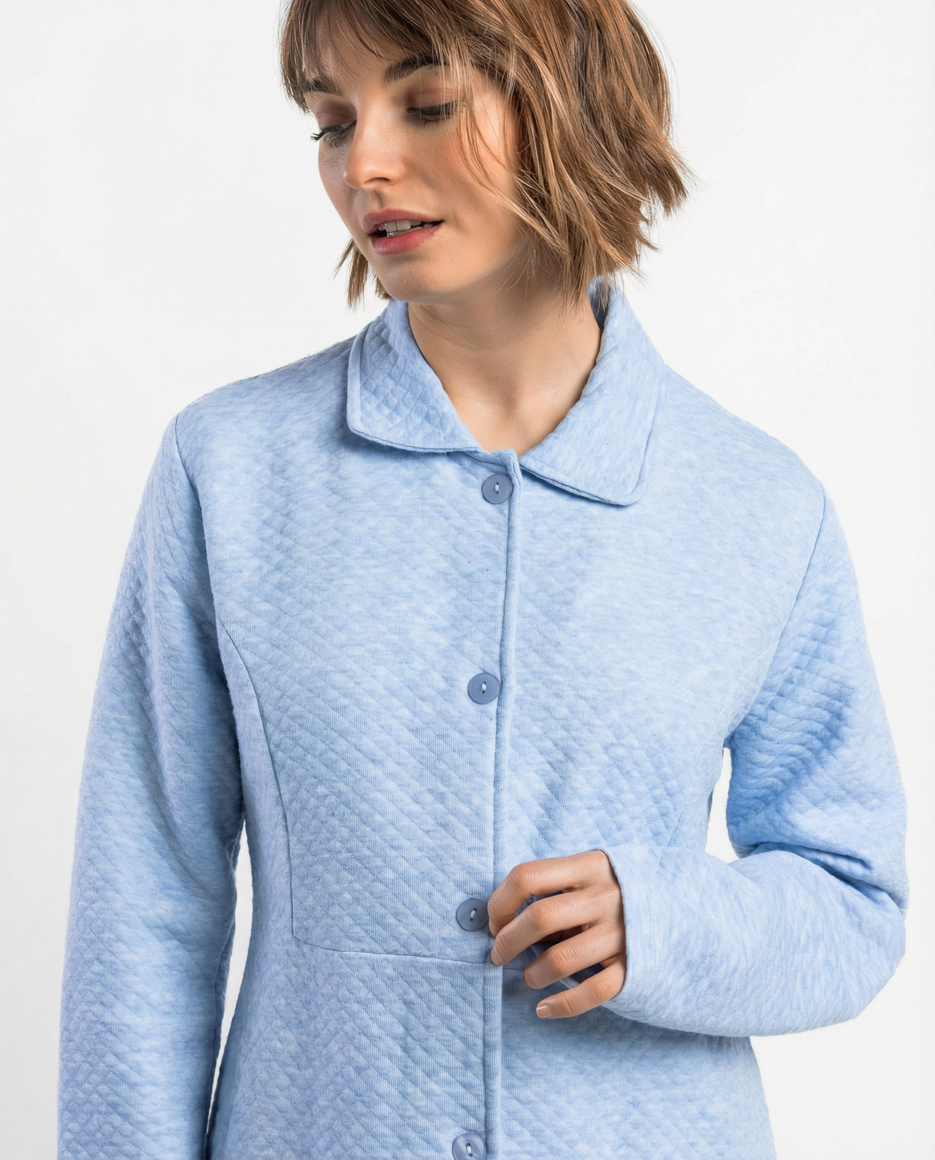 Bata de manga larga de mujer de punto interlock de algodón con botones - Admas - Azul Azul-3