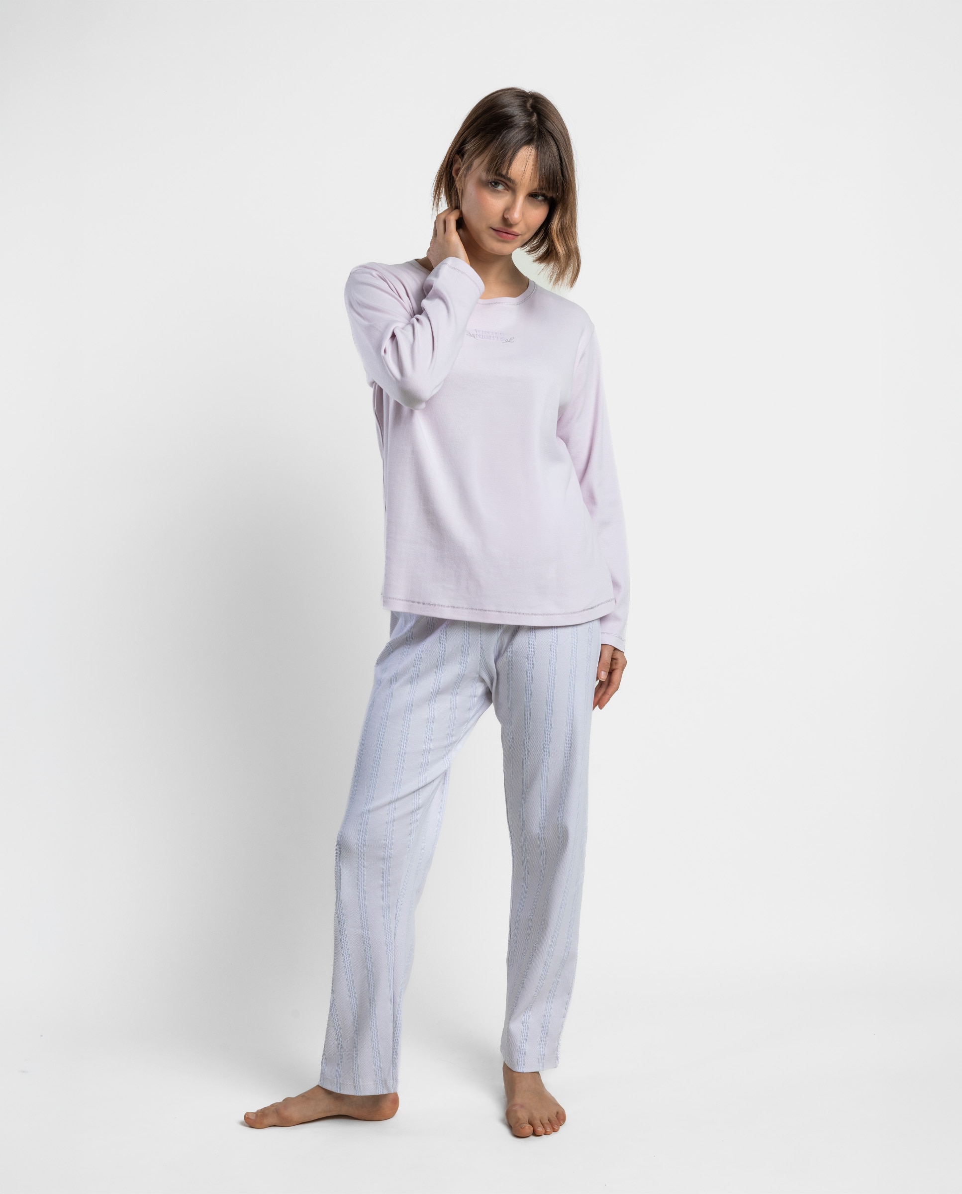 Pijama largo de mujer de punto interlock de algodón - Admas - Lila Lila-1