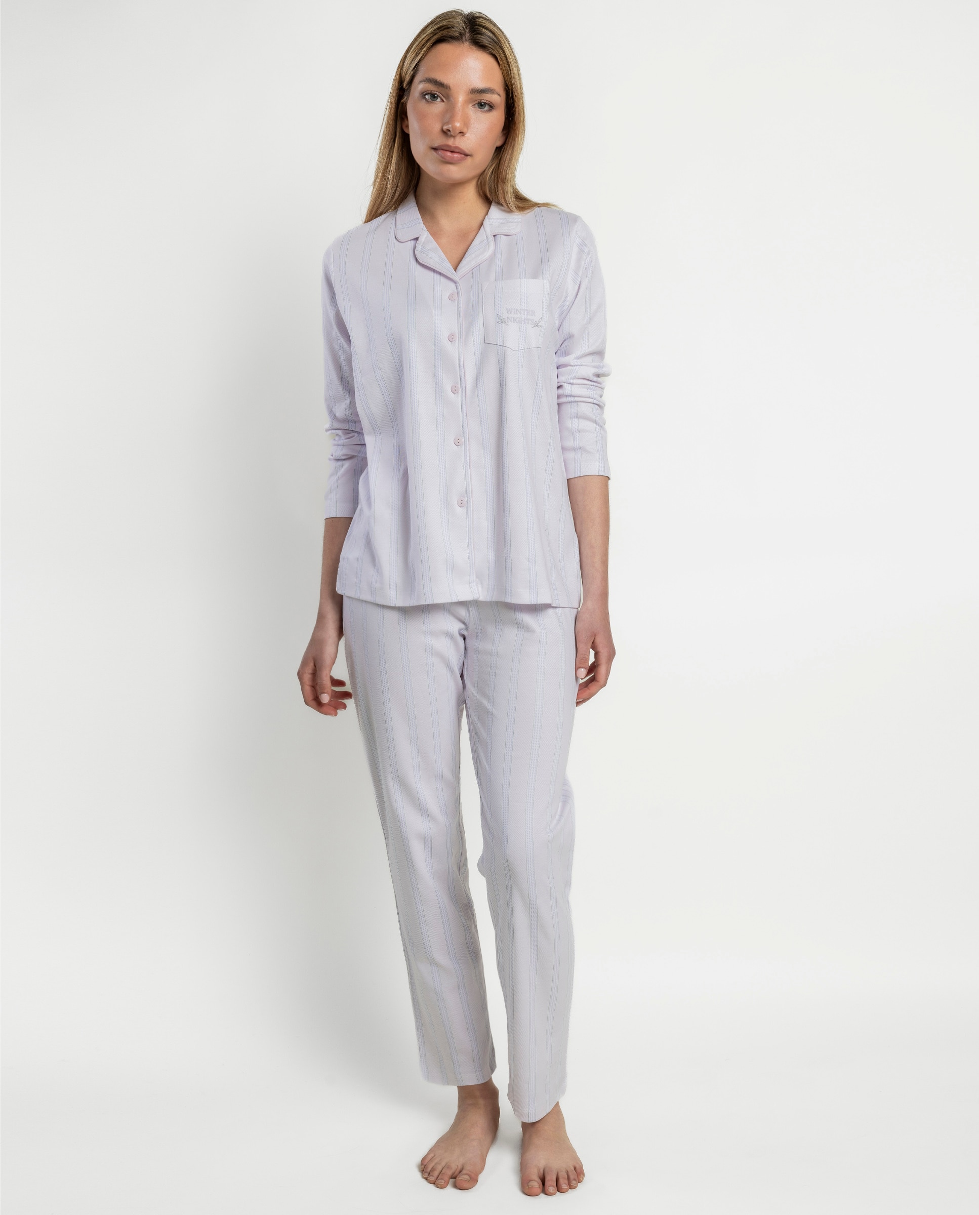 Pijama largo abierto de mujer de punto interlock de algodón - Admas - Lila Lila-1