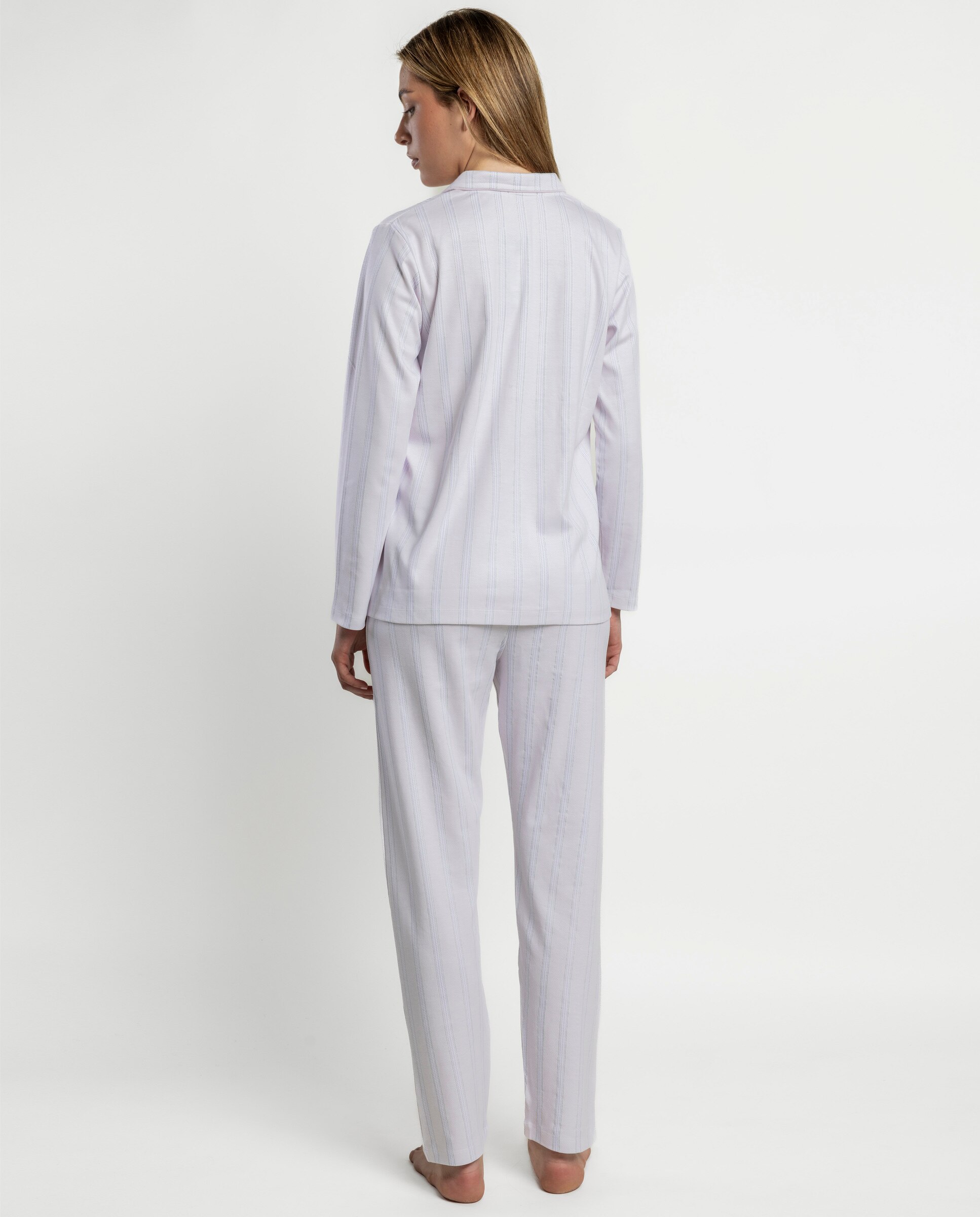 Pijama largo abierto de mujer de punto interlock de algodón - Admas - Lila Lila-2