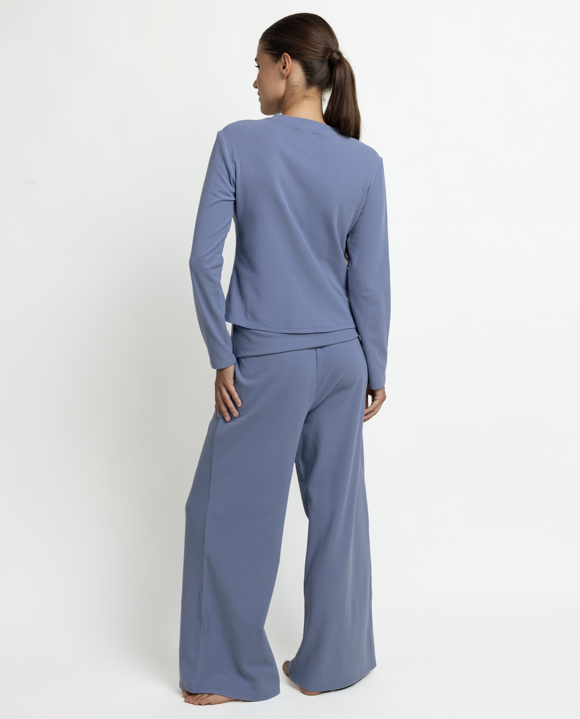 Pijama largo de mujer de punto de microfibra - Admas - Azul Azul-3