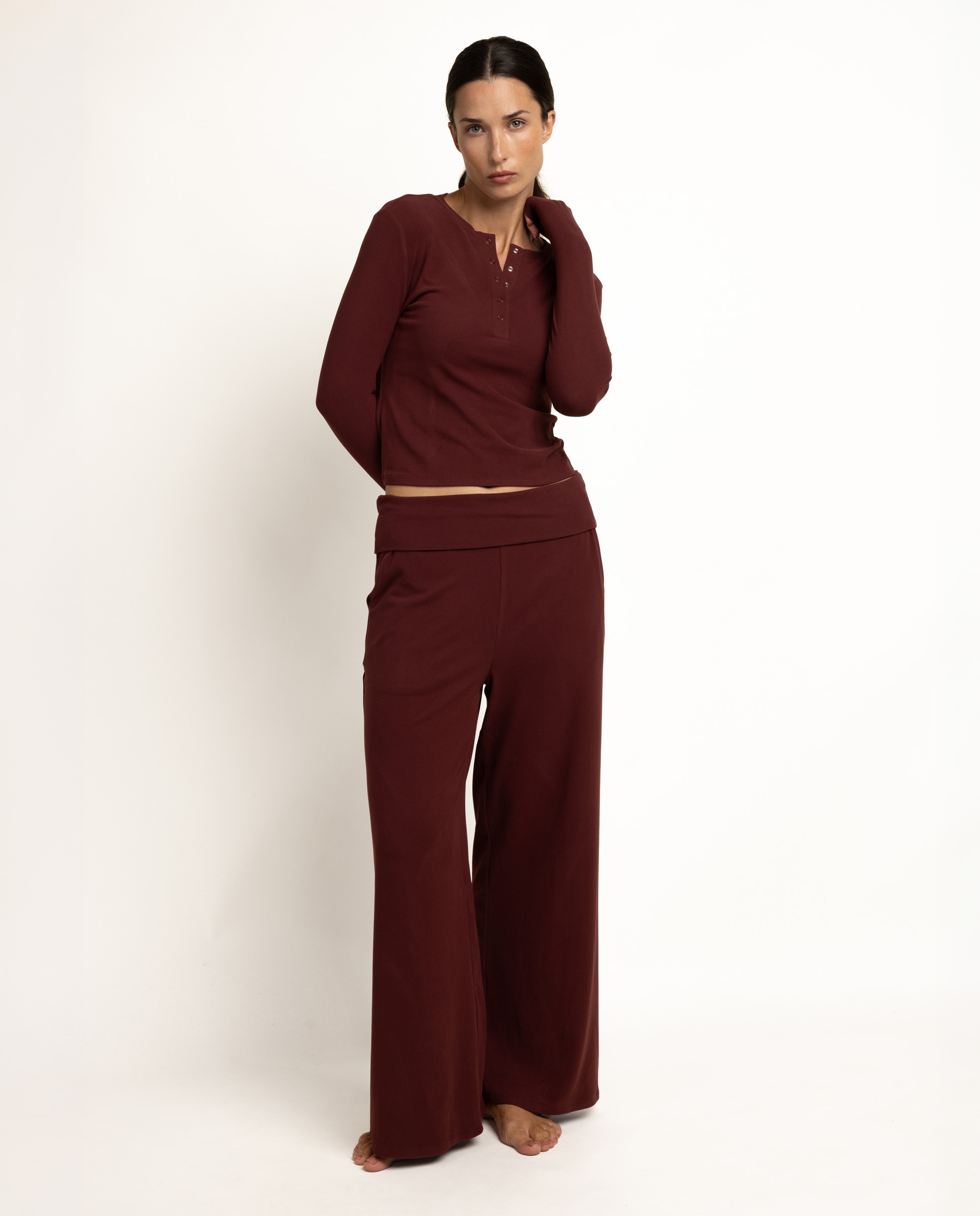 Pijama largo de mujer de punto de microfibra - Admas - Burdeos Burdeos-1
