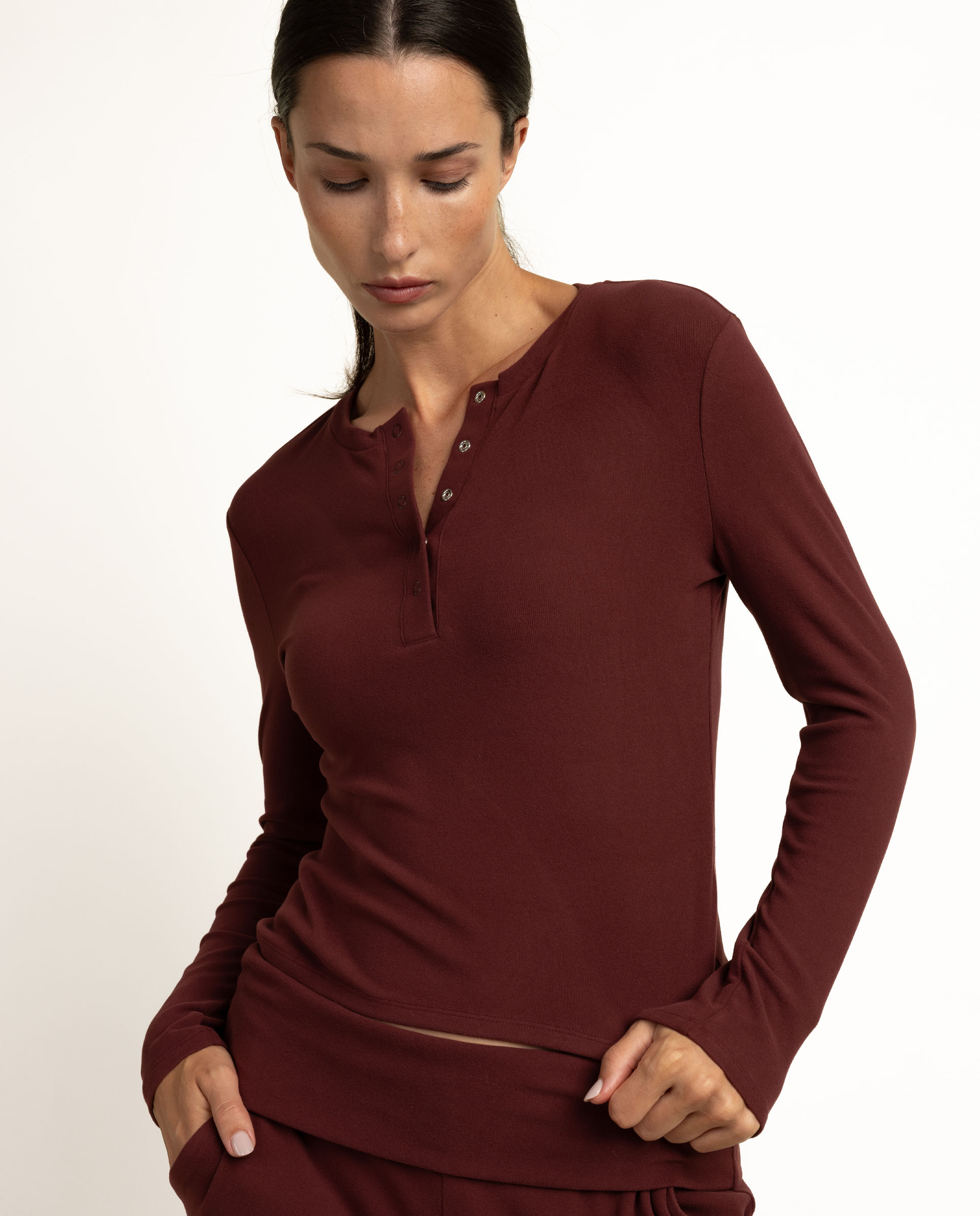 Pijama largo de mujer de punto de microfibra - Admas - Burdeos Burdeos-3