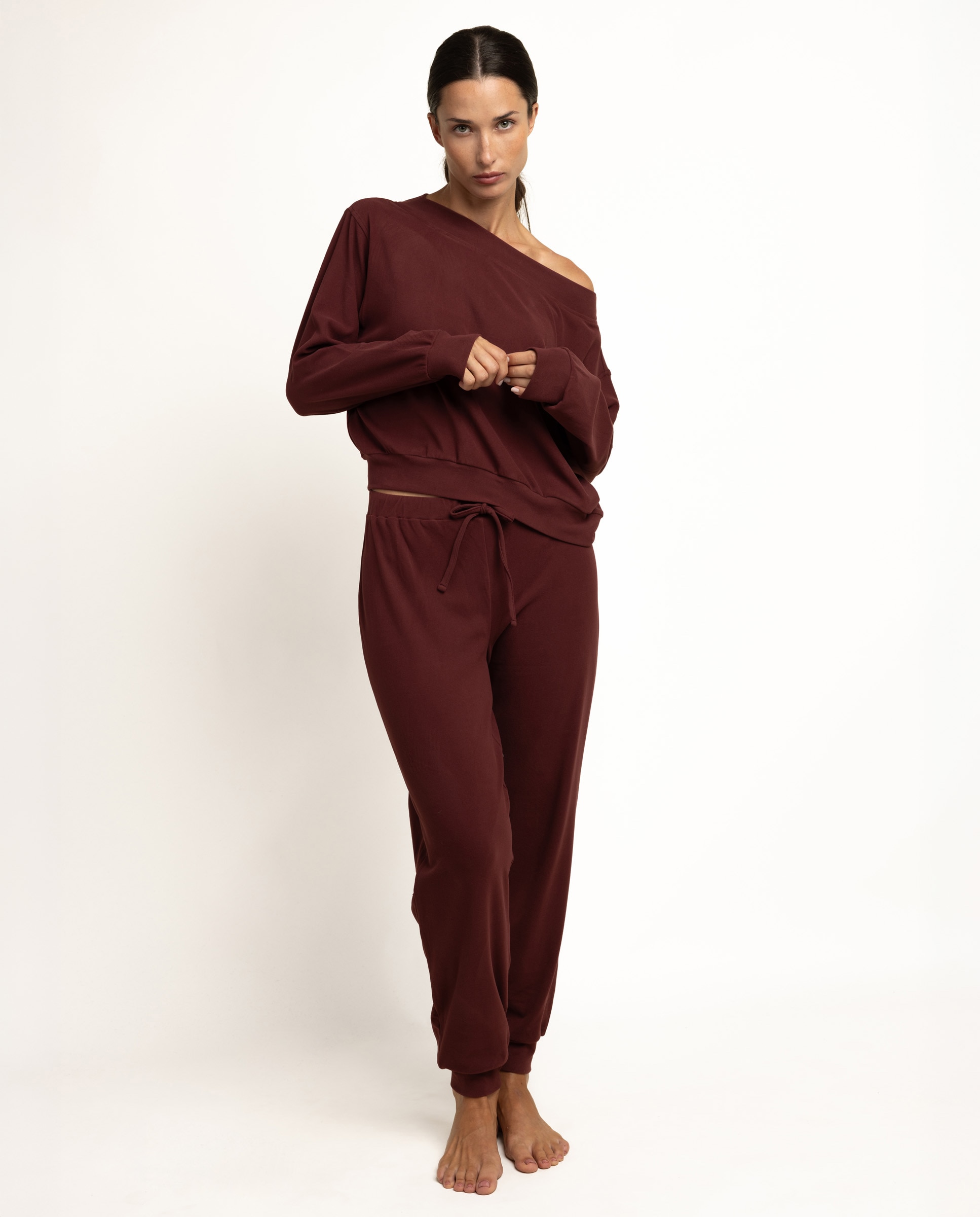 Pijama largo de mujer de punto de microfibra - Admas - Burdeos Burdeos-1