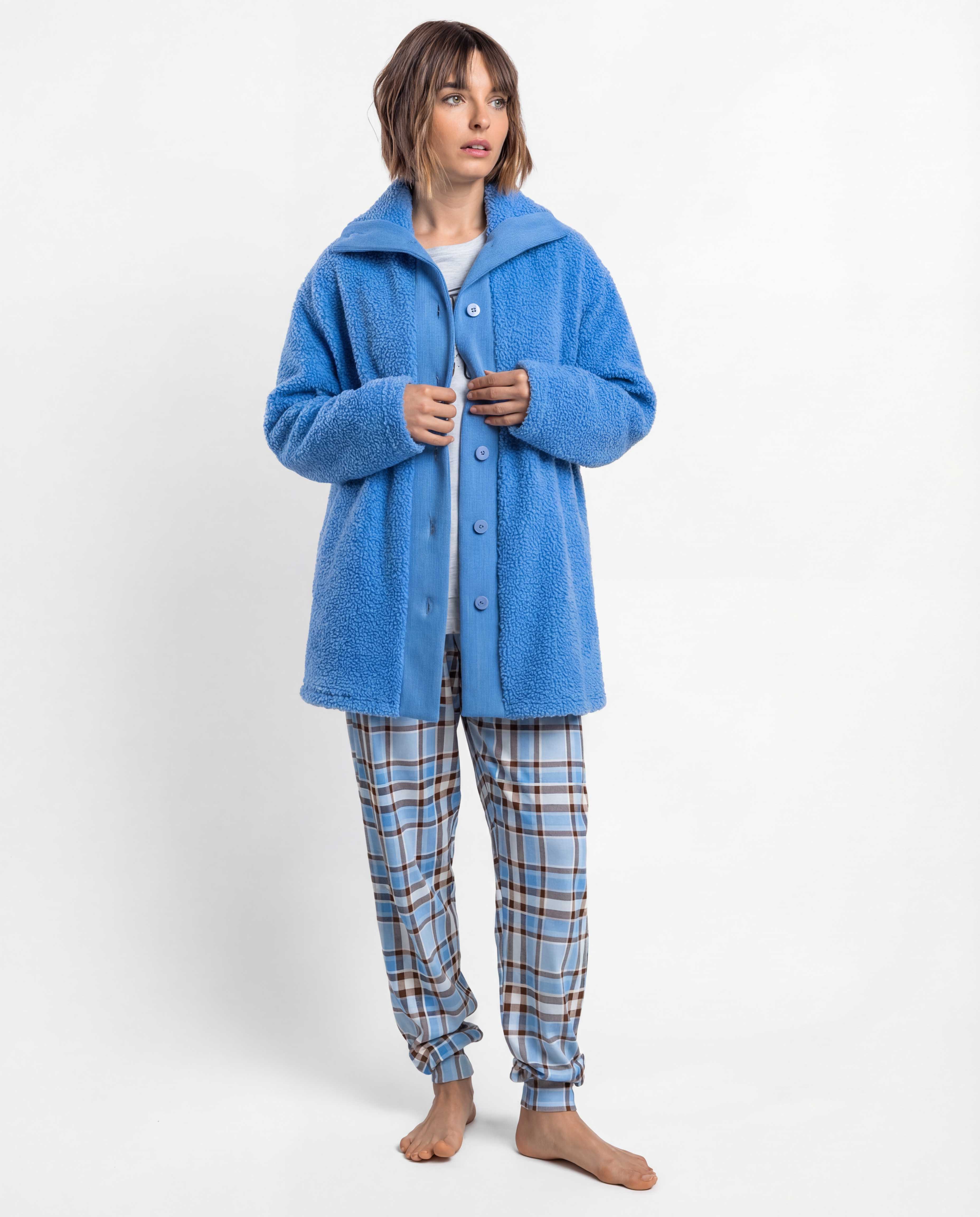 Bata de manga larga de mujer de tejido polar con botones - Admas - Azul Azul-1