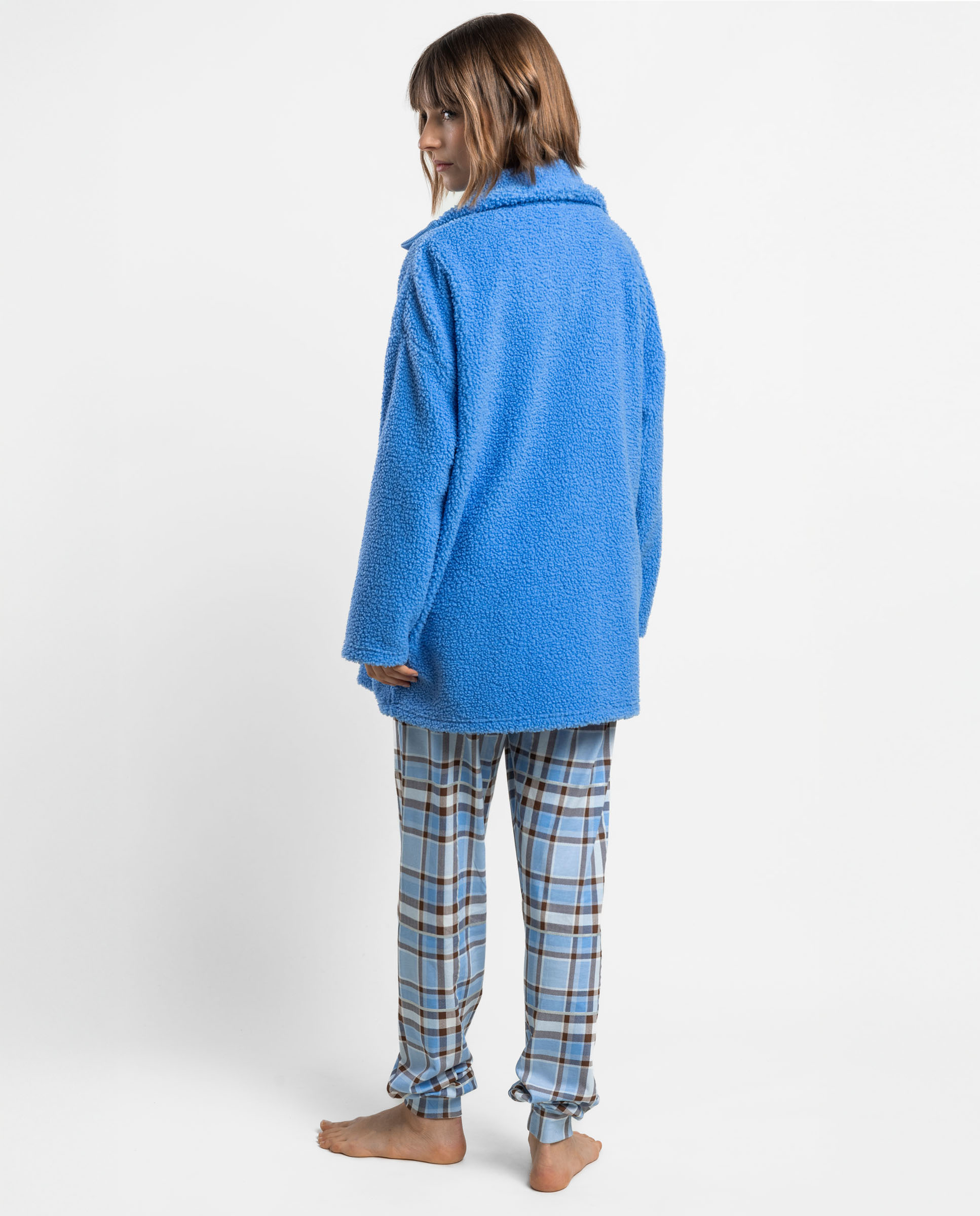 Bata de manga larga de mujer de tejido polar con botones - Admas - Azul Azul-2