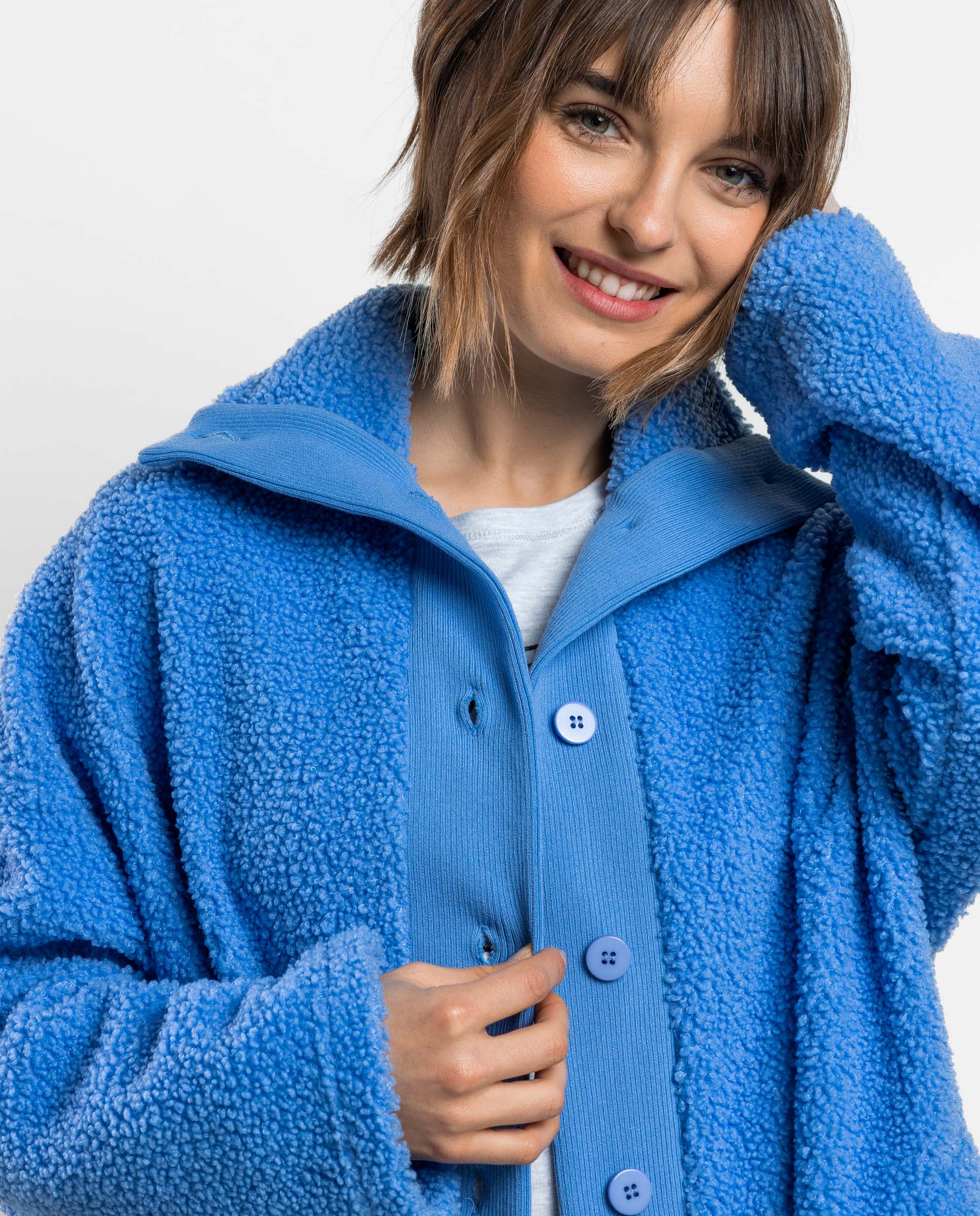 Bata de manga larga de mujer de tejido polar con botones - Admas - Azul Azul-3