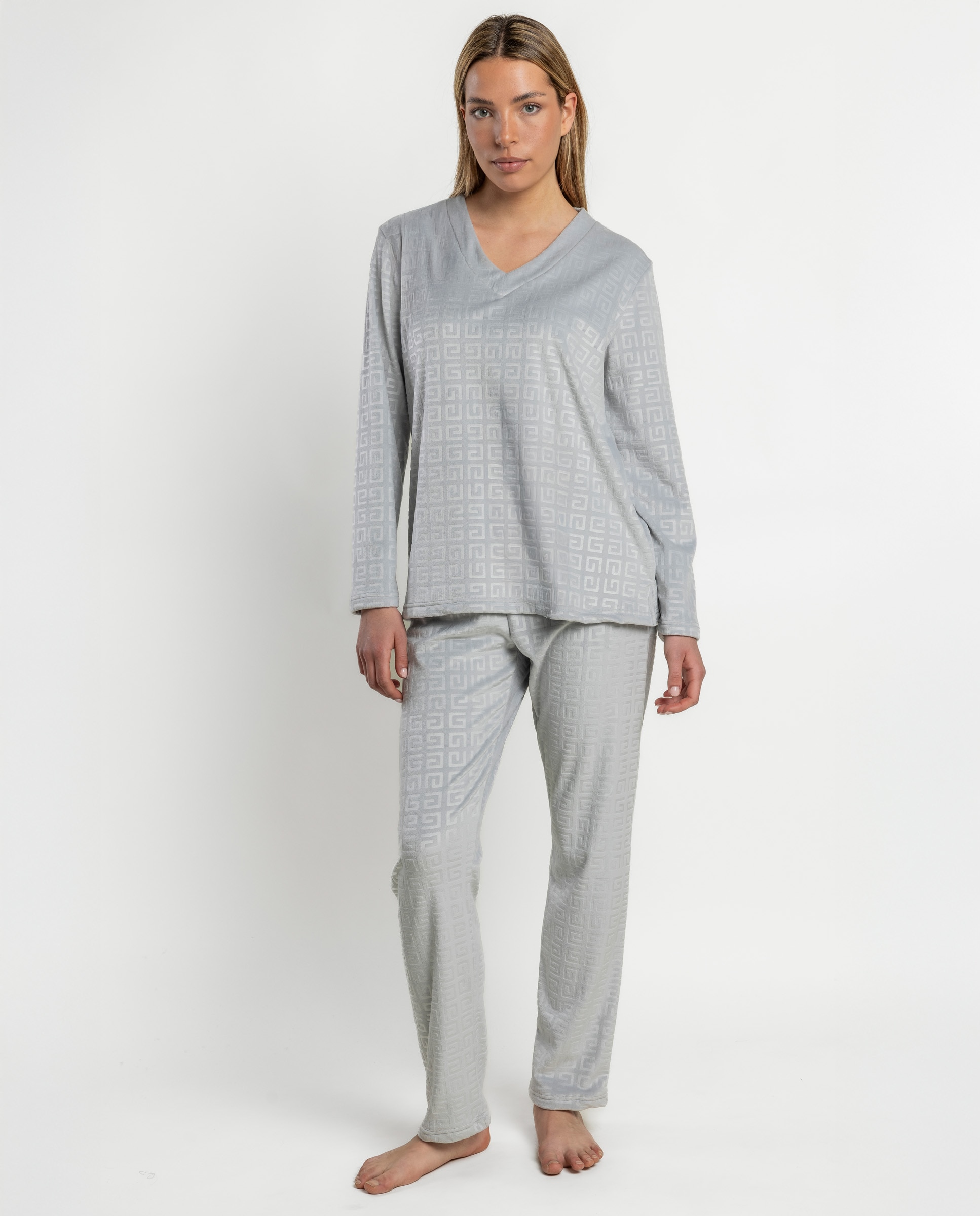 Pijama largo de mujer de tejido de terciopelo doble cara - Admas - Gris claro Gris claro-1