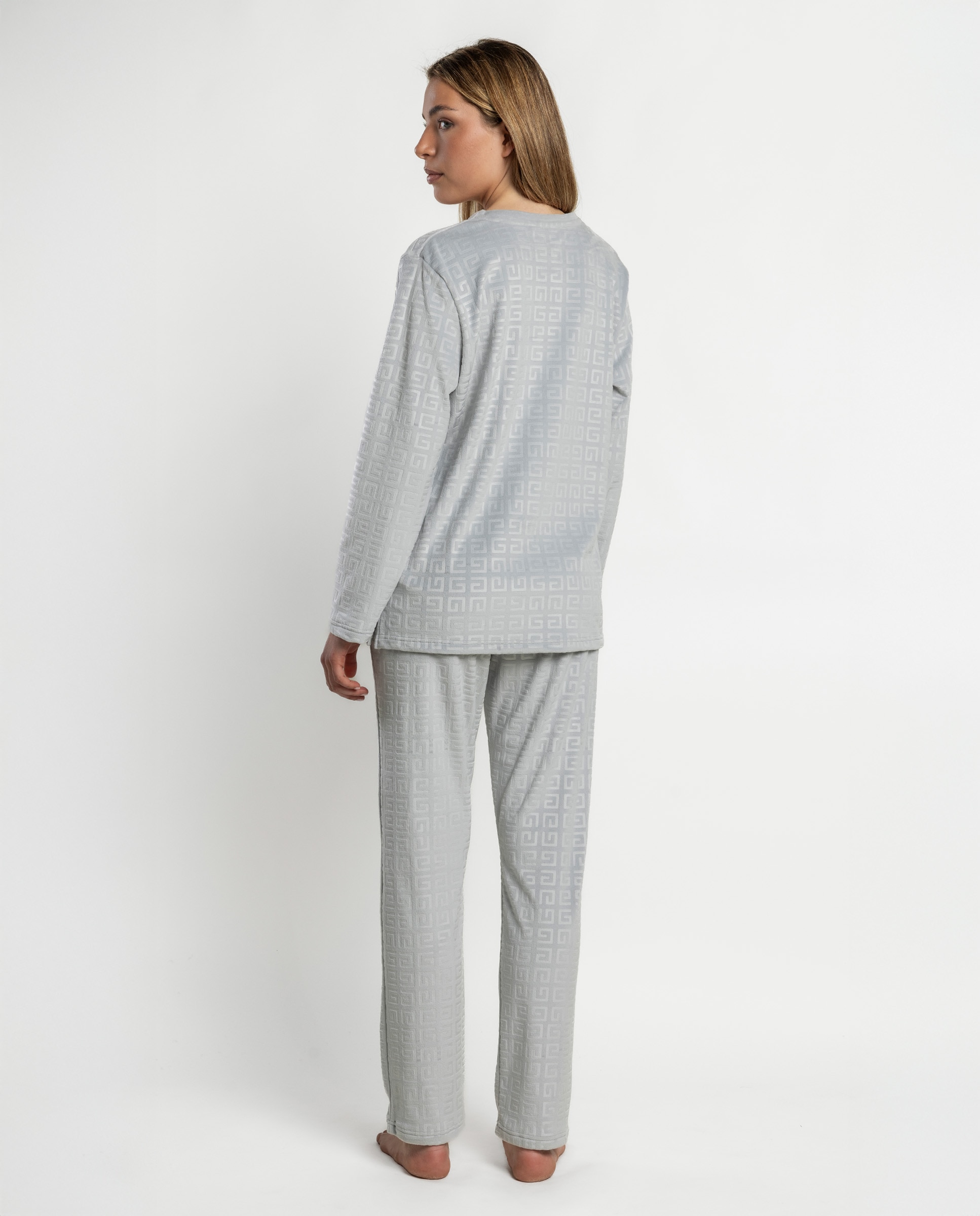 Pijama largo de mujer de tejido de terciopelo doble cara - Admas - Gris claro Gris claro-2