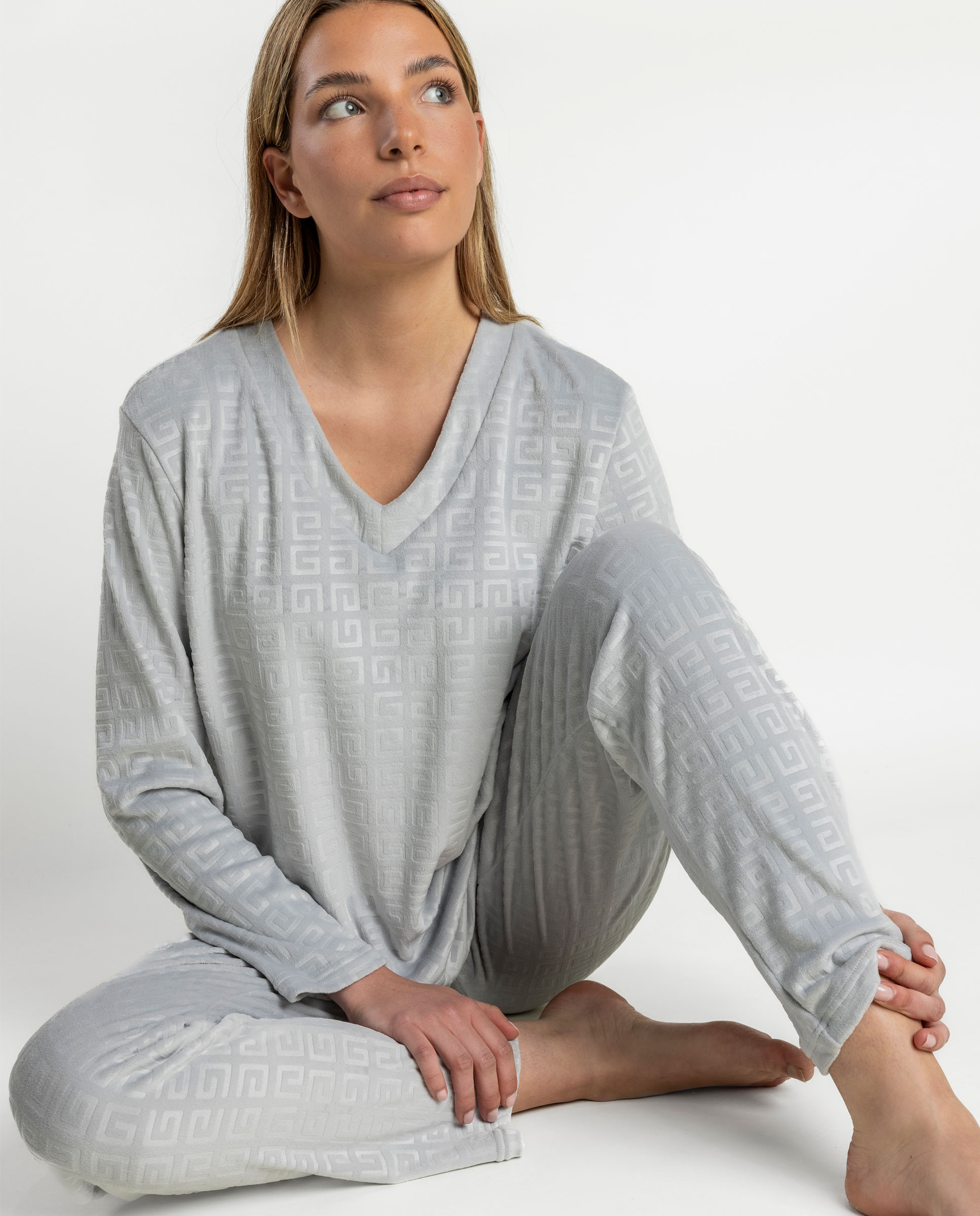 Pijama largo de mujer de tejido de terciopelo doble cara - Admas - Gris claro Gris claro-3