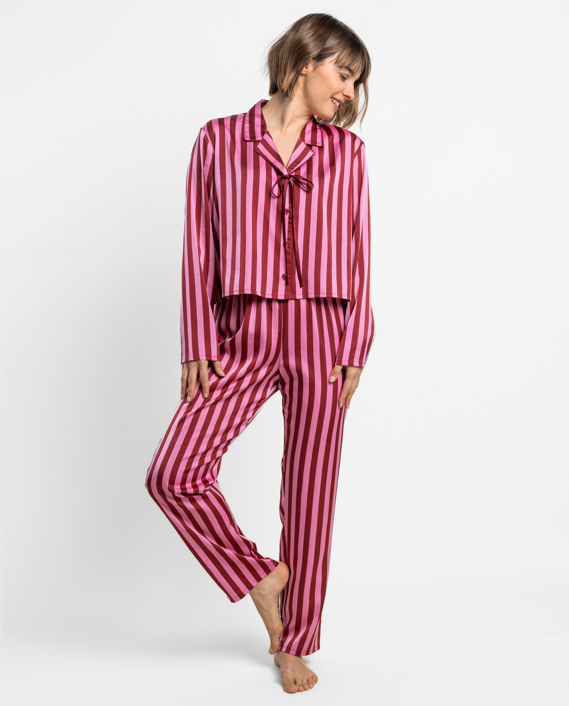 Pijama largo abierto de mujer de tela satén - Admas - Rosa Rosa-1