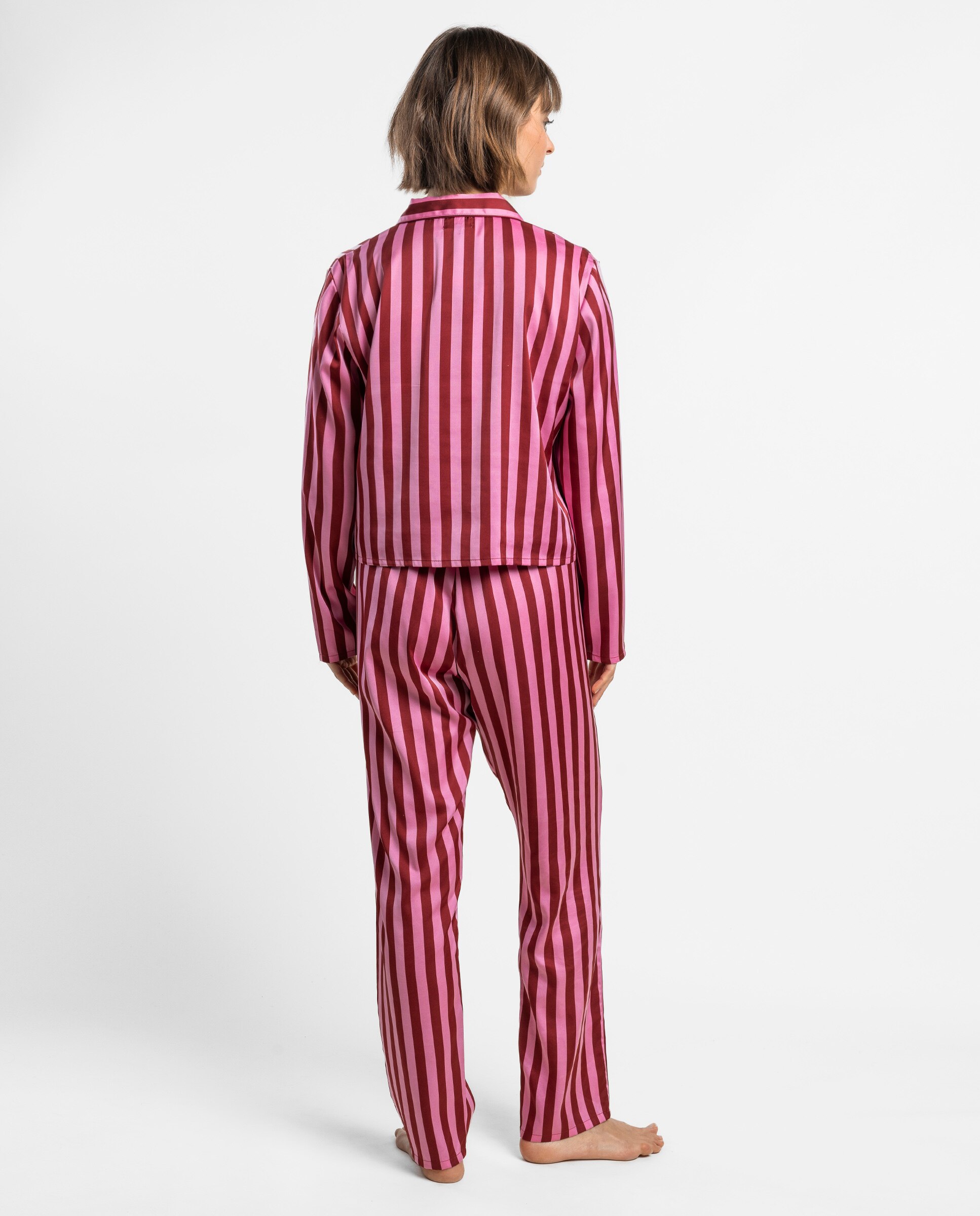 Pijama largo abierto de mujer de tela satén - Admas - Rosa Rosa-2