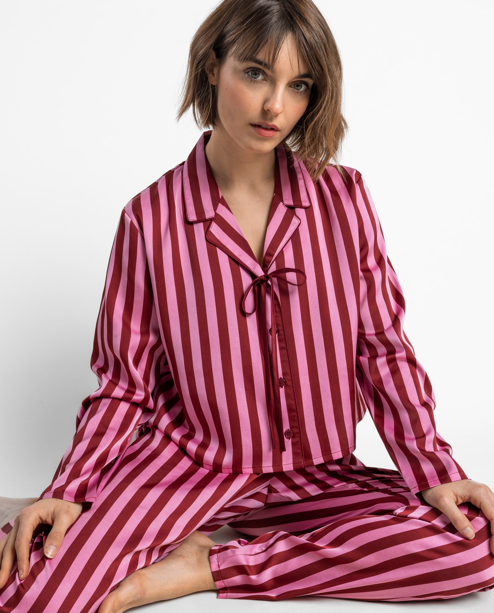 Pijama largo abierto de mujer de tela satén - Admas - Rosa Rosa-3
