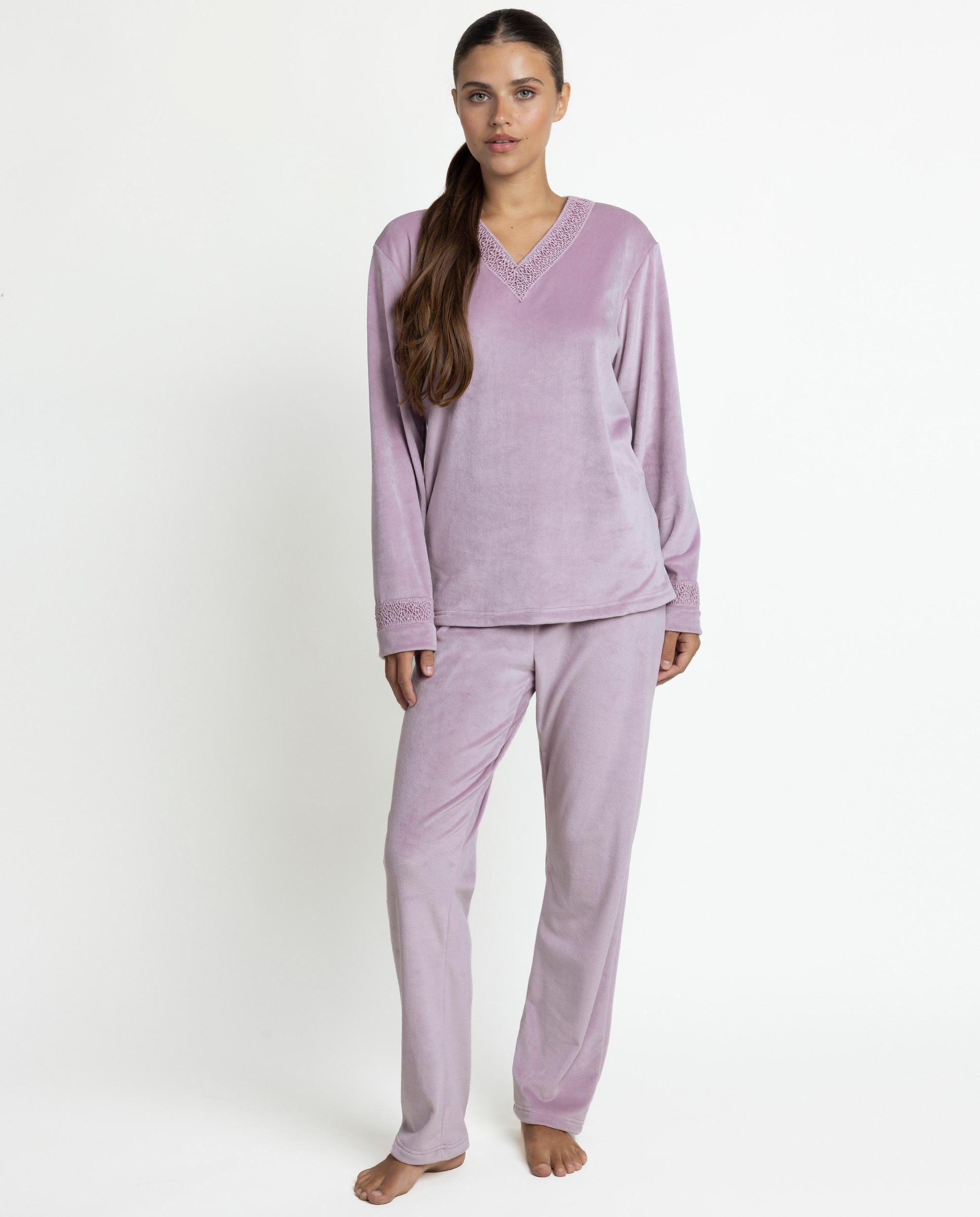 Pijama largo de mujer de tejido de terciopelo doble cara - Admas - Rosa Rosa-1