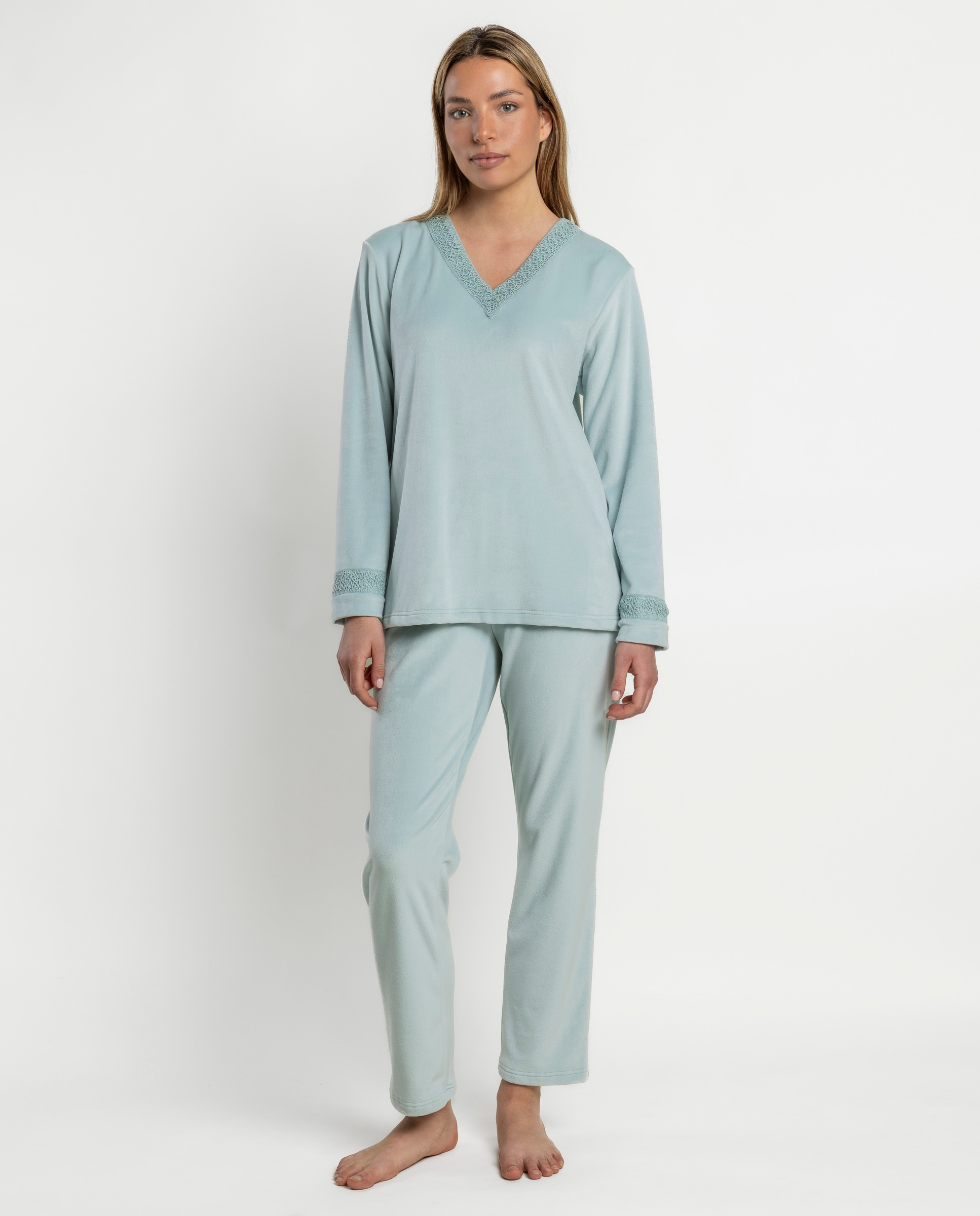 Pijama largo de mujer de tejido de terciopelo doble cara - Admas - Verde Agua Verde Agua-1
